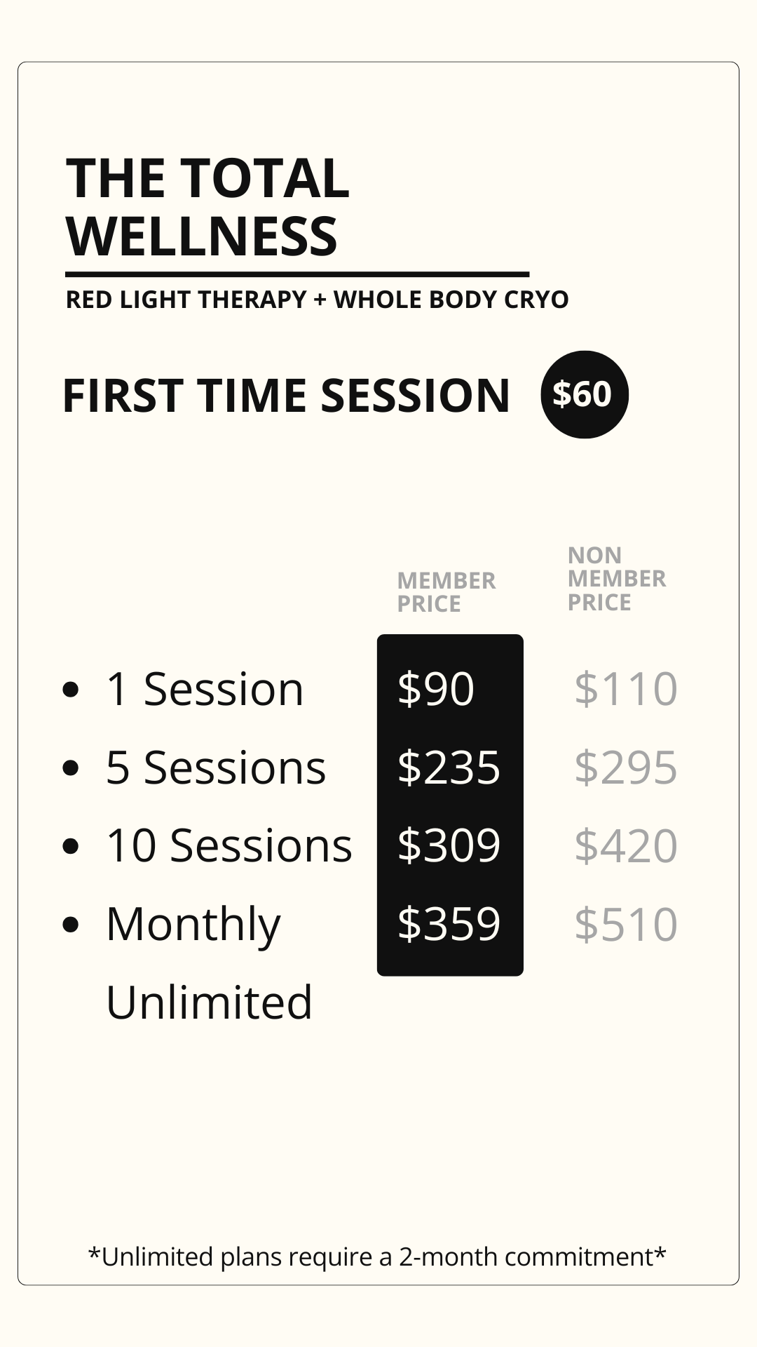 Pricing menu for wellness services, including red light therapy and whole body cryotherapy, with options for single sessions, packages, and monthly unlimited plans, detailing member and non-member prices.