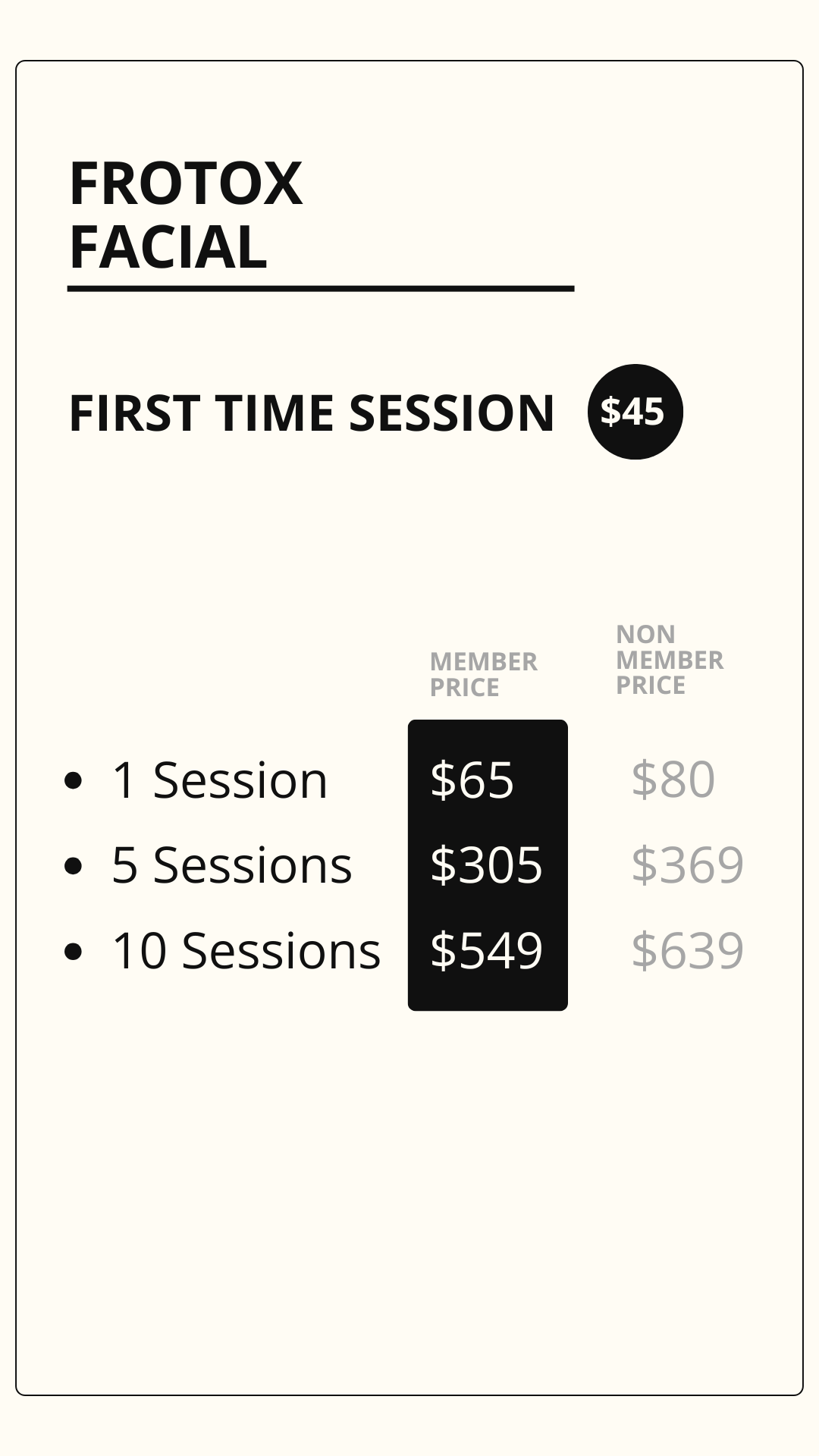 Pricing menu for a Frotox facial, first-time session, $45. Options include 1 session for $65 for members and $80 for non-members; 5 sessions for $305 for members and $369 for non-members; 10 sessions for $549 for members and $639 for non-members.
