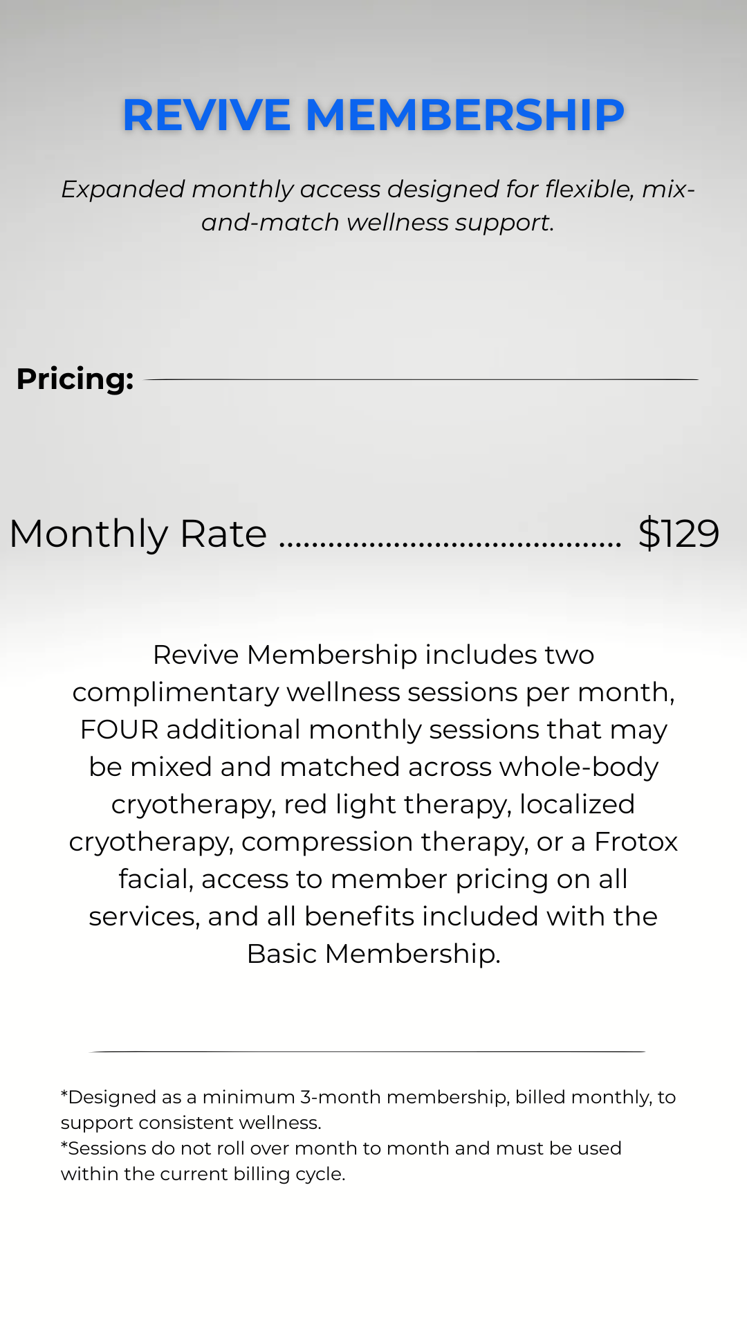 Information about a wellness center's revive membership offer, including monthly fee of $129, options for therapy packages, free wellness services, bonus points, and benefits for maintaining wellness.