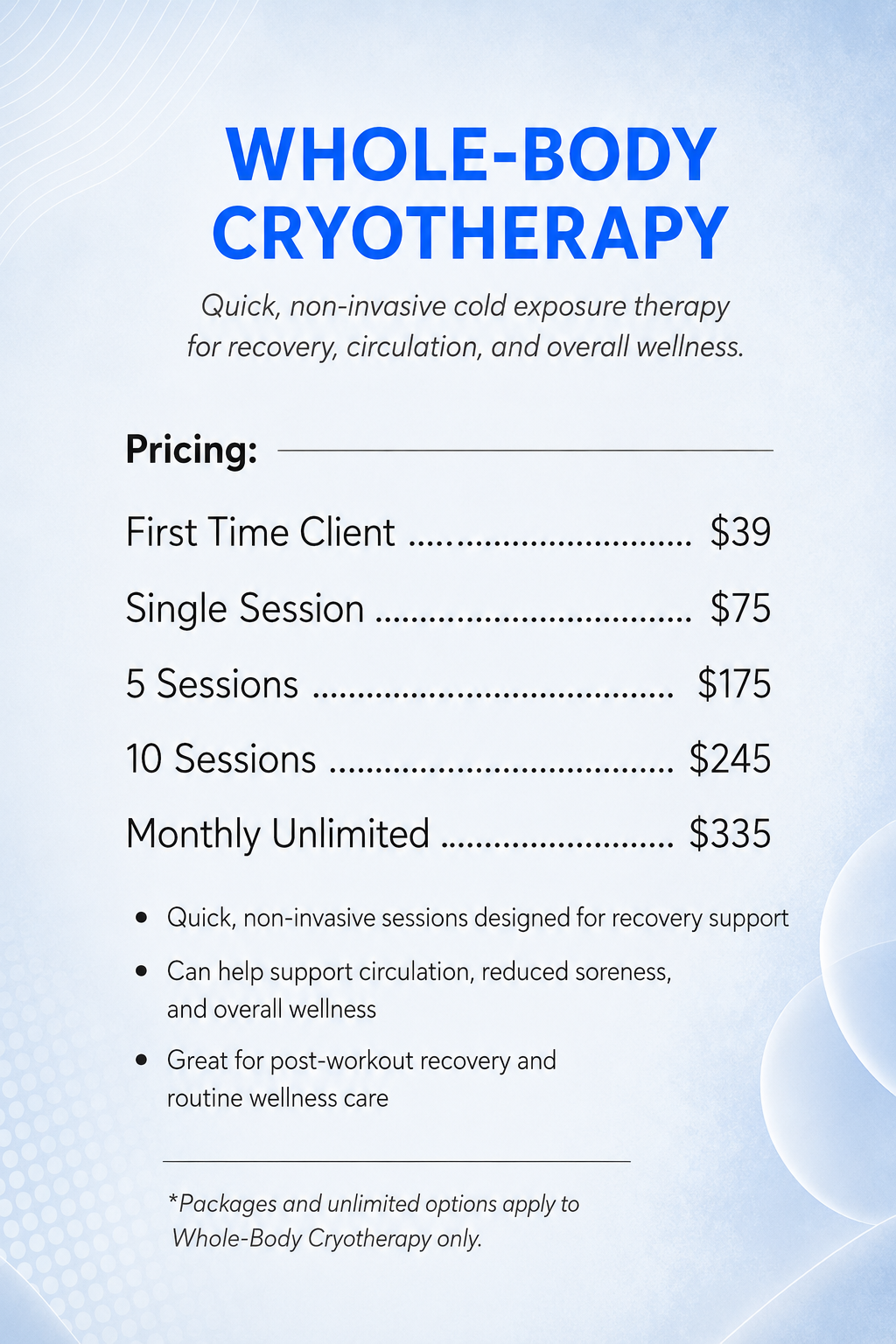 CoolGevity Whole-Body Cryotherapy pricing menu flyer, outlining single sessions, package deals, and monthly unlimited options for recovery in Hickory, NC.