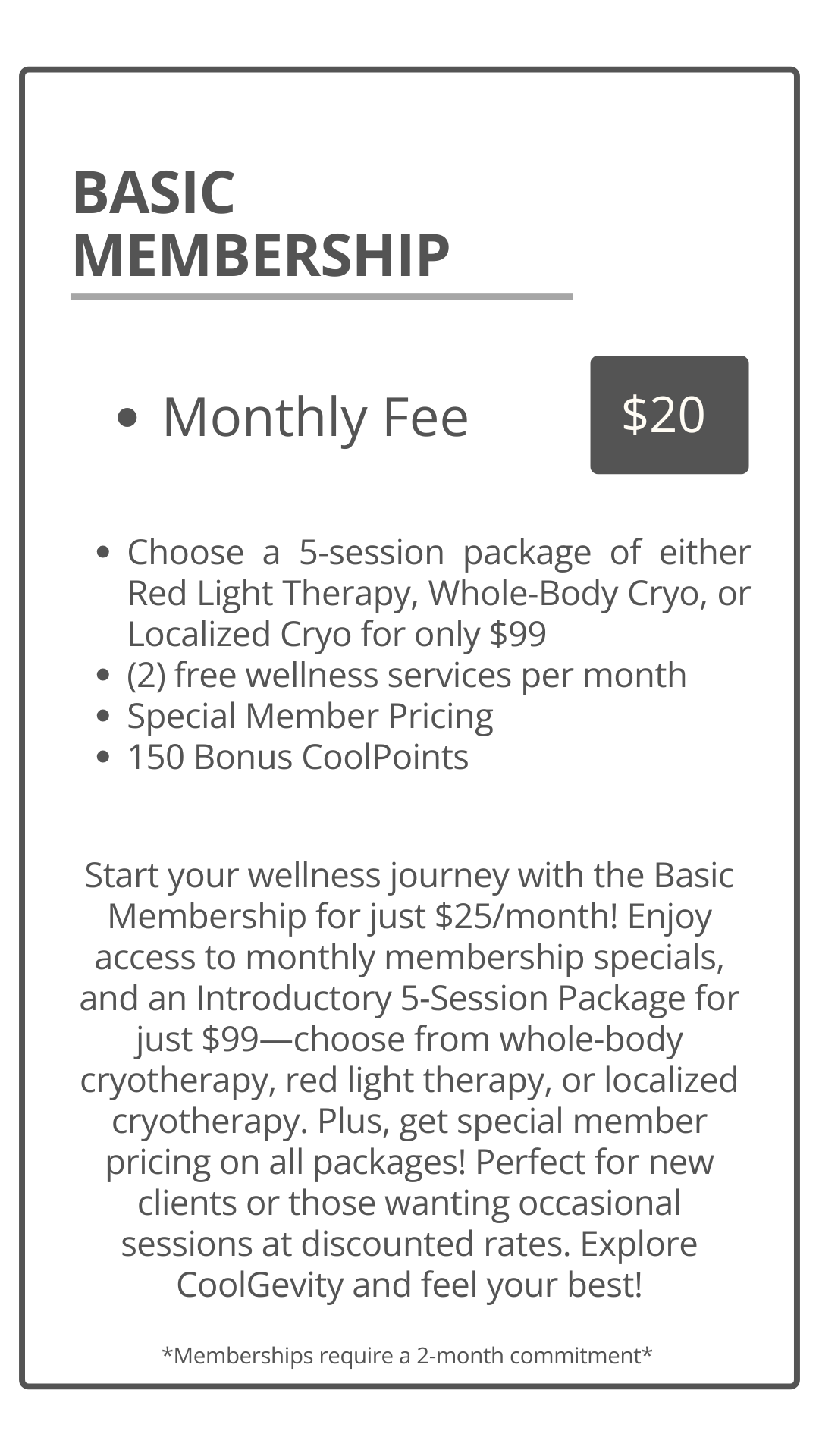 Information about a Basic Membership plan costing $20 per month, including details of services, pricing, bonus points, and conditions.