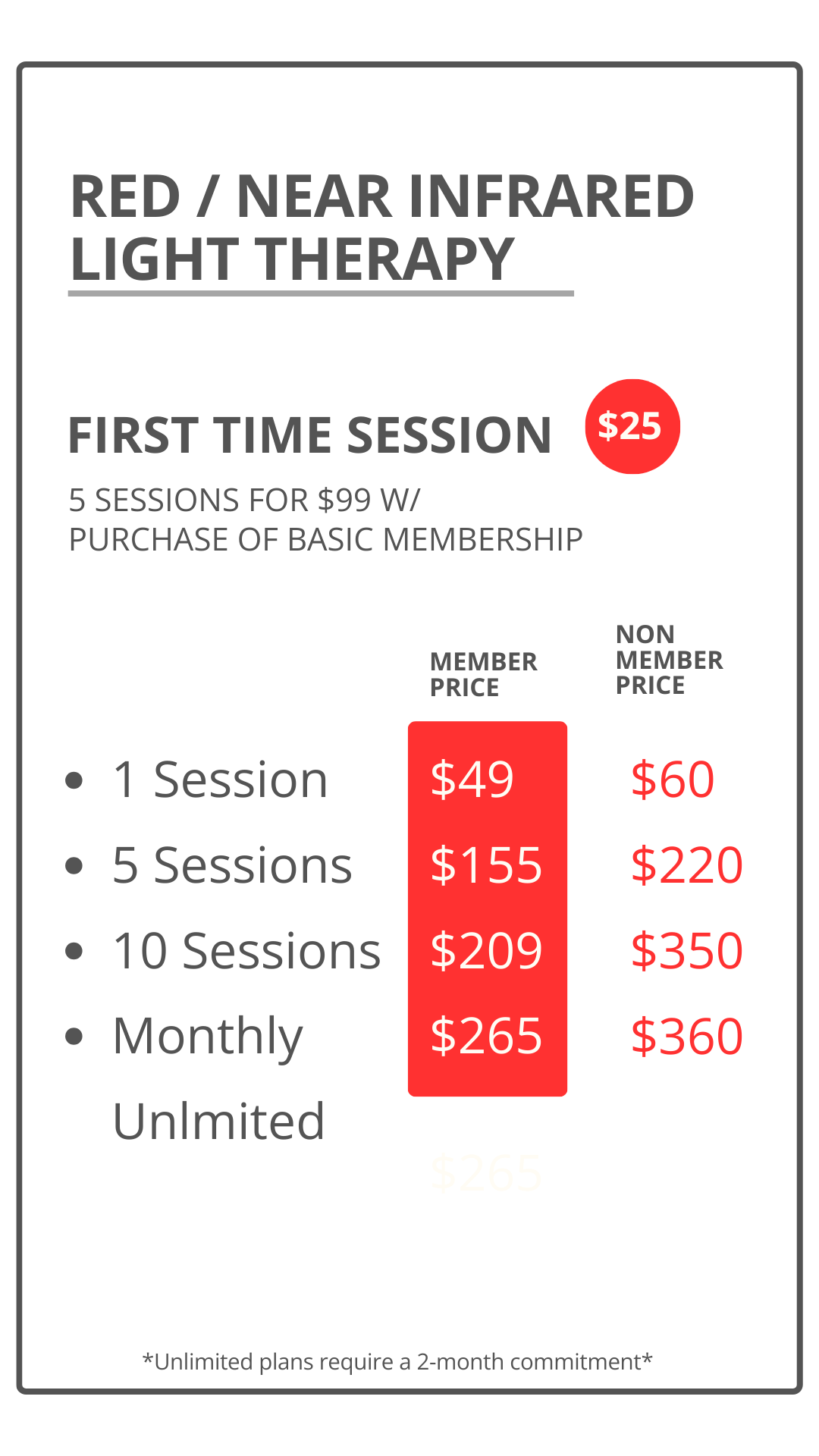 Pricing details for red/near-infrared light therapy sessions, including costs for 1, 5, 10, monthly, and unlimited sessions, with member and non-member prices.