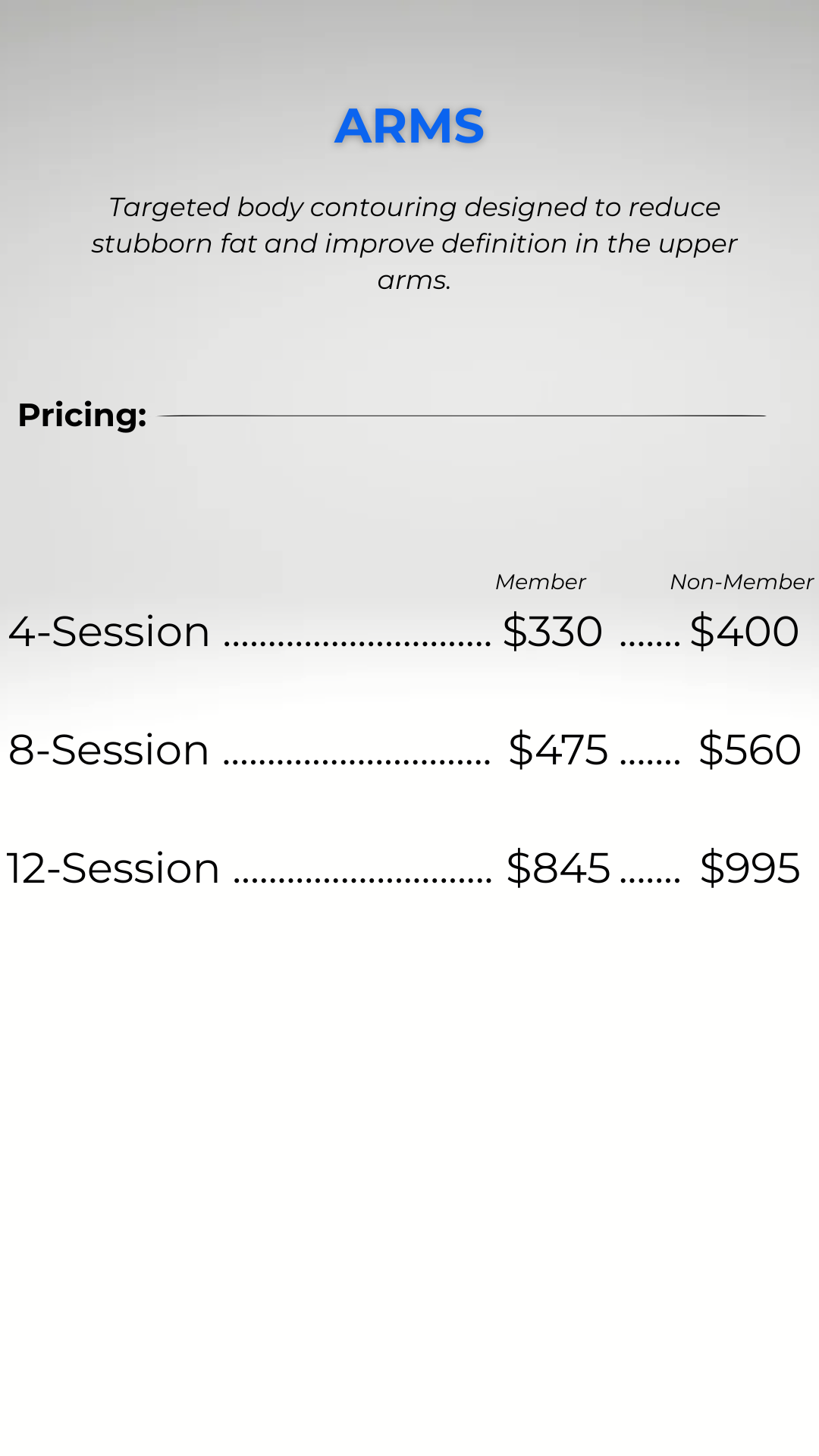 A pricing chart for body contouring sessions, listing costs for 4, 8, and 12 sessions for members and non-members.