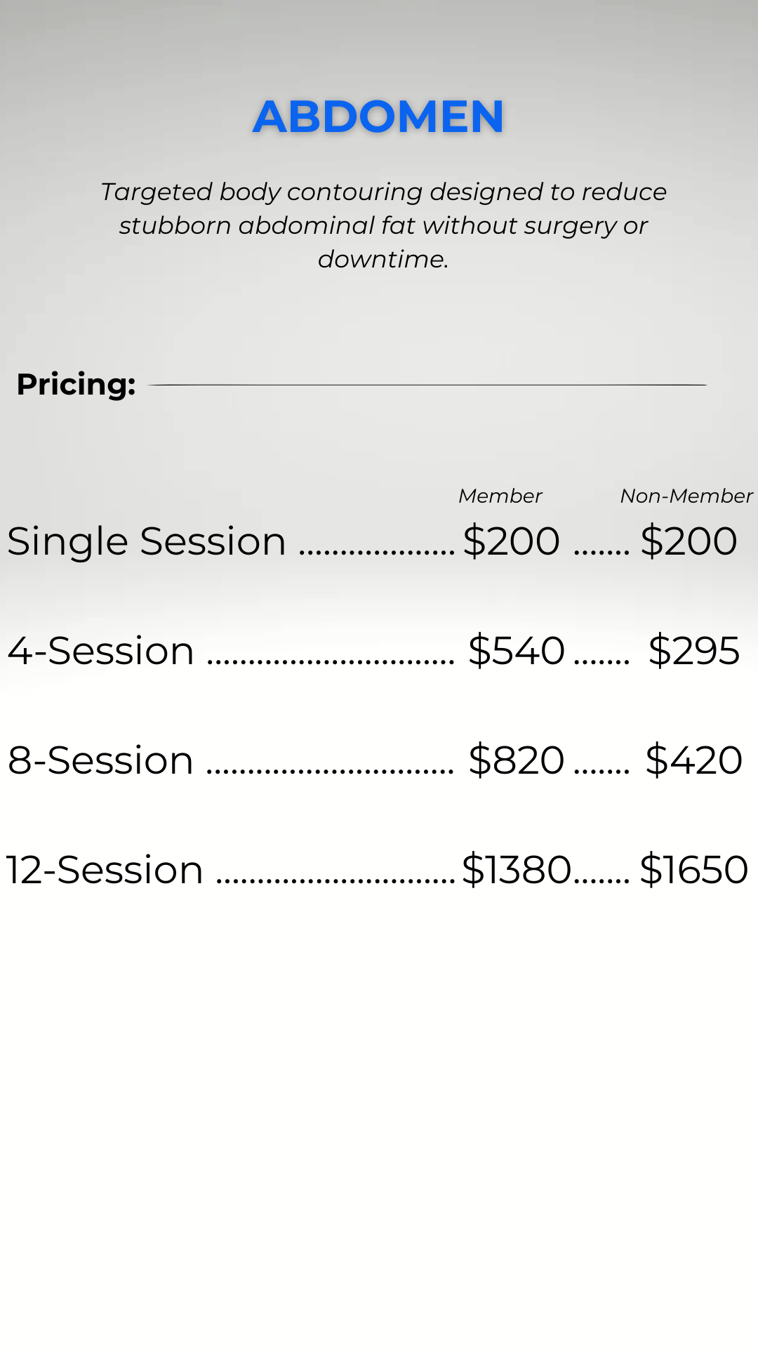 Price list for cryosculpting hips sessions, showing member and non-member prices for 1, 4, 8, and 12 sessions.