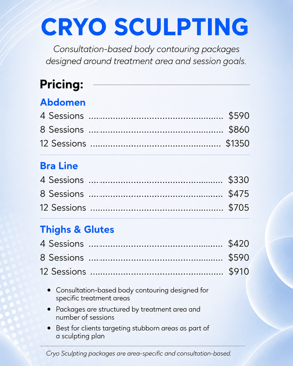 CoolGevity CryoSculpting and non-invasive body contouring pricing menu for abdomen, hips, arms, thighs, and neck treatments in Hickory, NC.