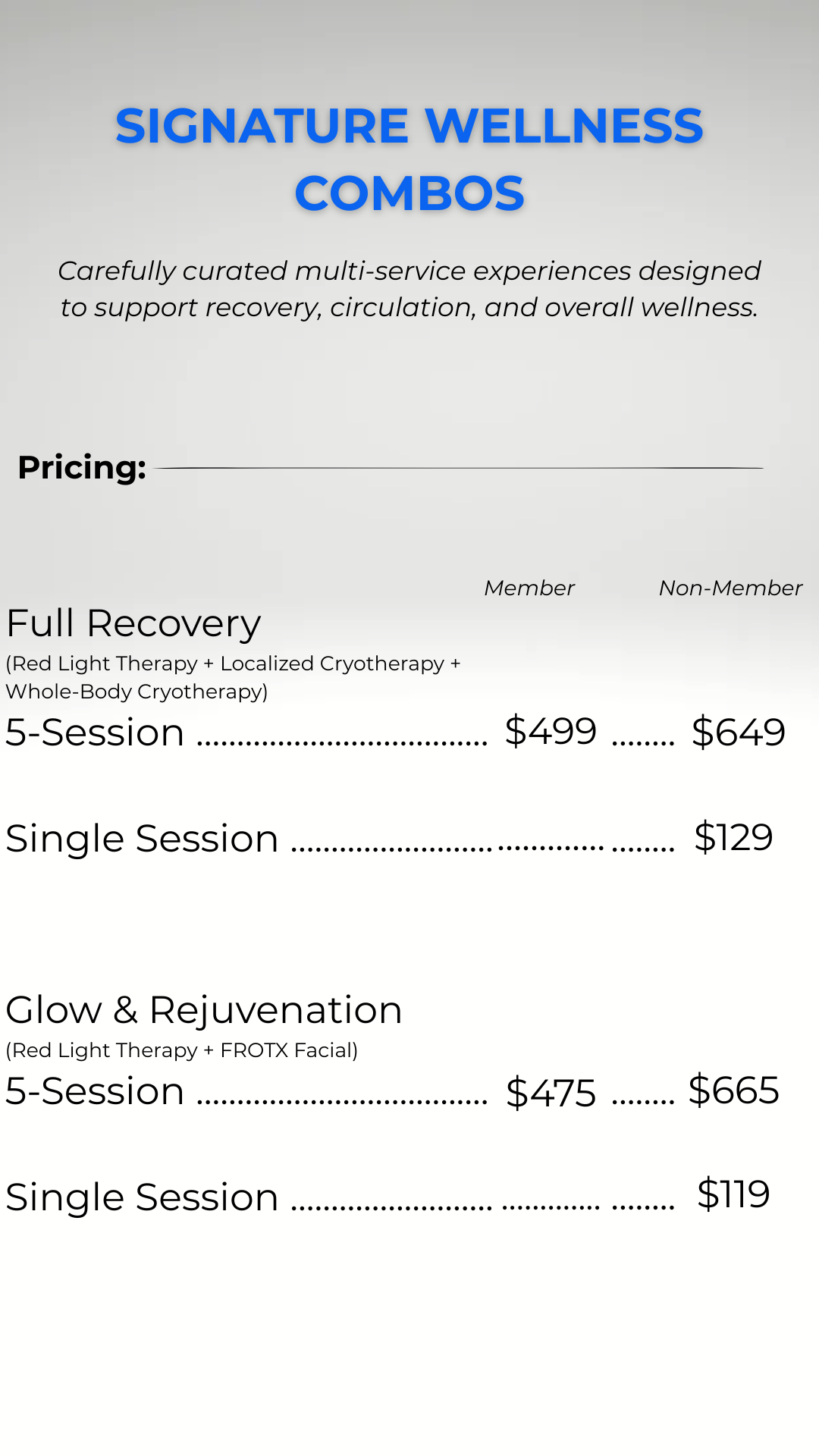 Pricing menu for wellness combos, including Full Recovery and Glow & Rejuvenation packages with prices for members and non-members.