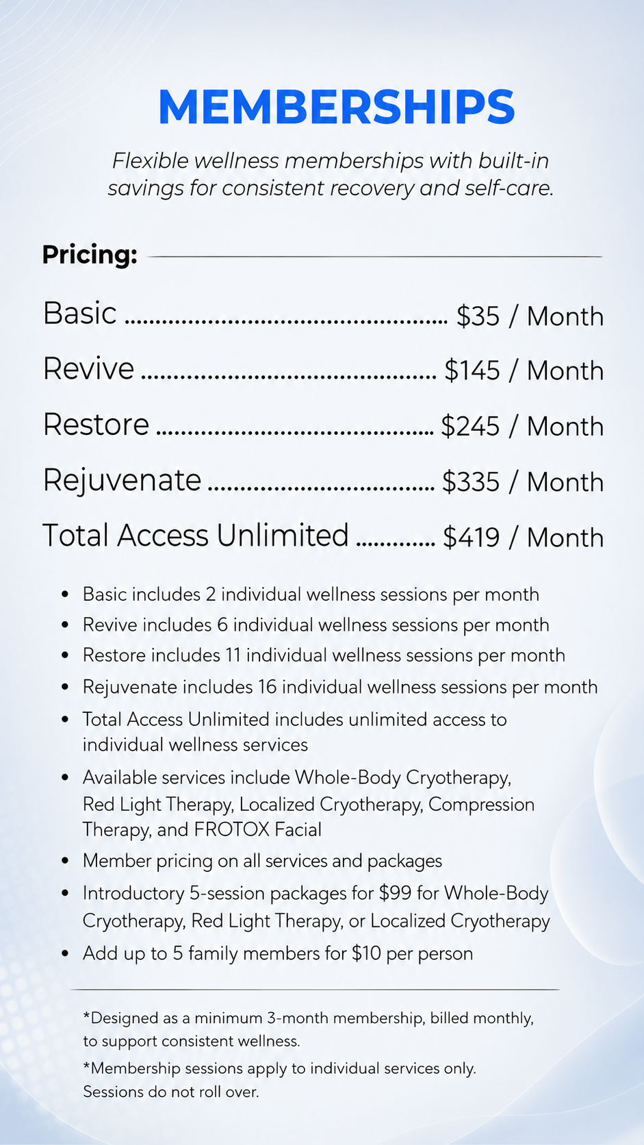 Advertisement for total access unlimited wellness membership. Monthly rate is $419 and includes various cryotherapy and facial services. Notes about membership conditions.