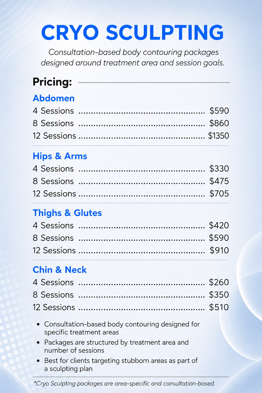 A menu offering targeted body contouring treatments for reducing stubborn abdominal fat, with pricing options for 4, 8, or 12 sessions for members and non-members.