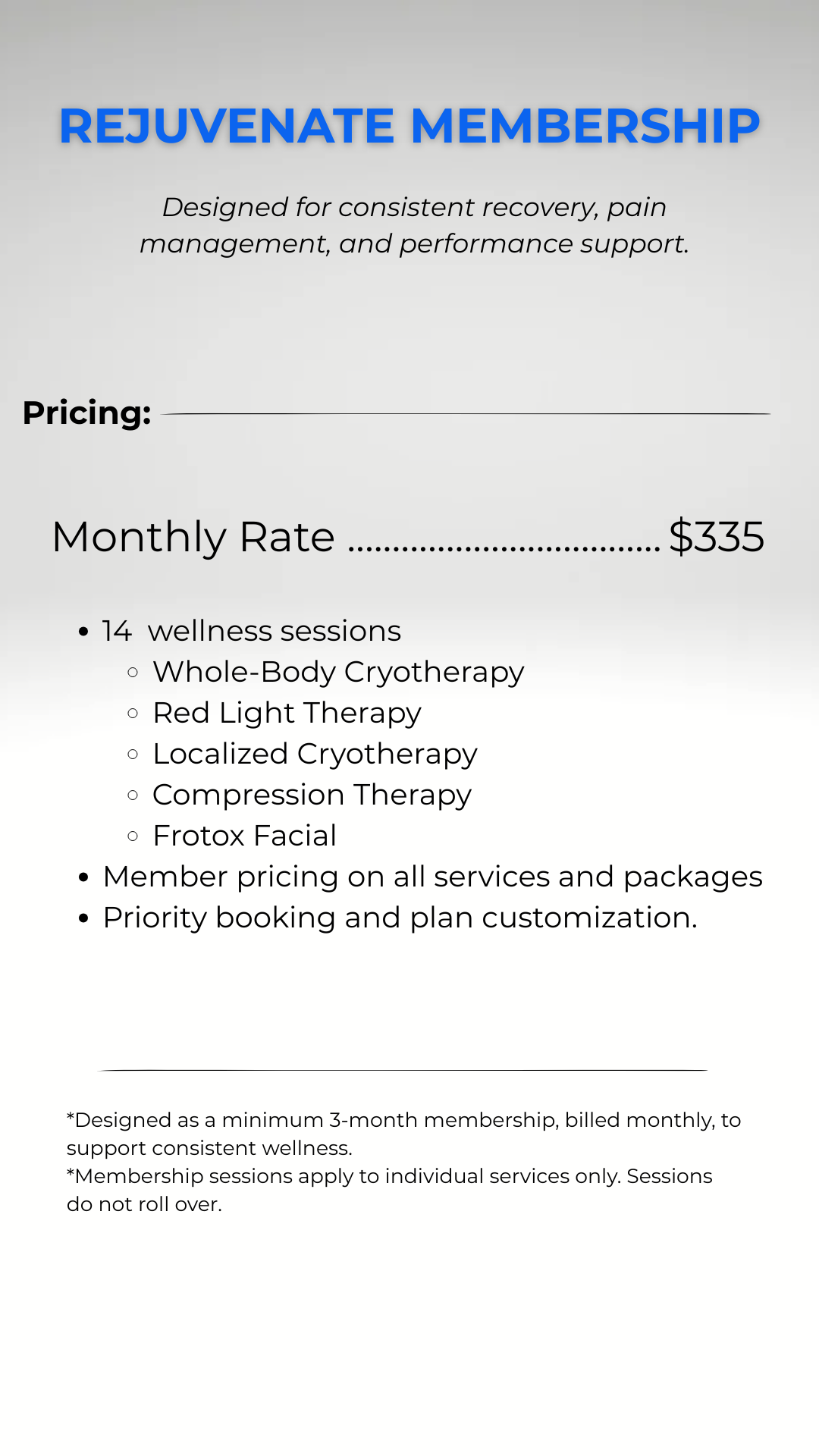A flyer advertising a rejuvenate membership for wellness sessions, with a monthly rate of $335, including 14 sessions like whole-body cryotherapy and red light therapy, with details on pricing, services, and booking.
