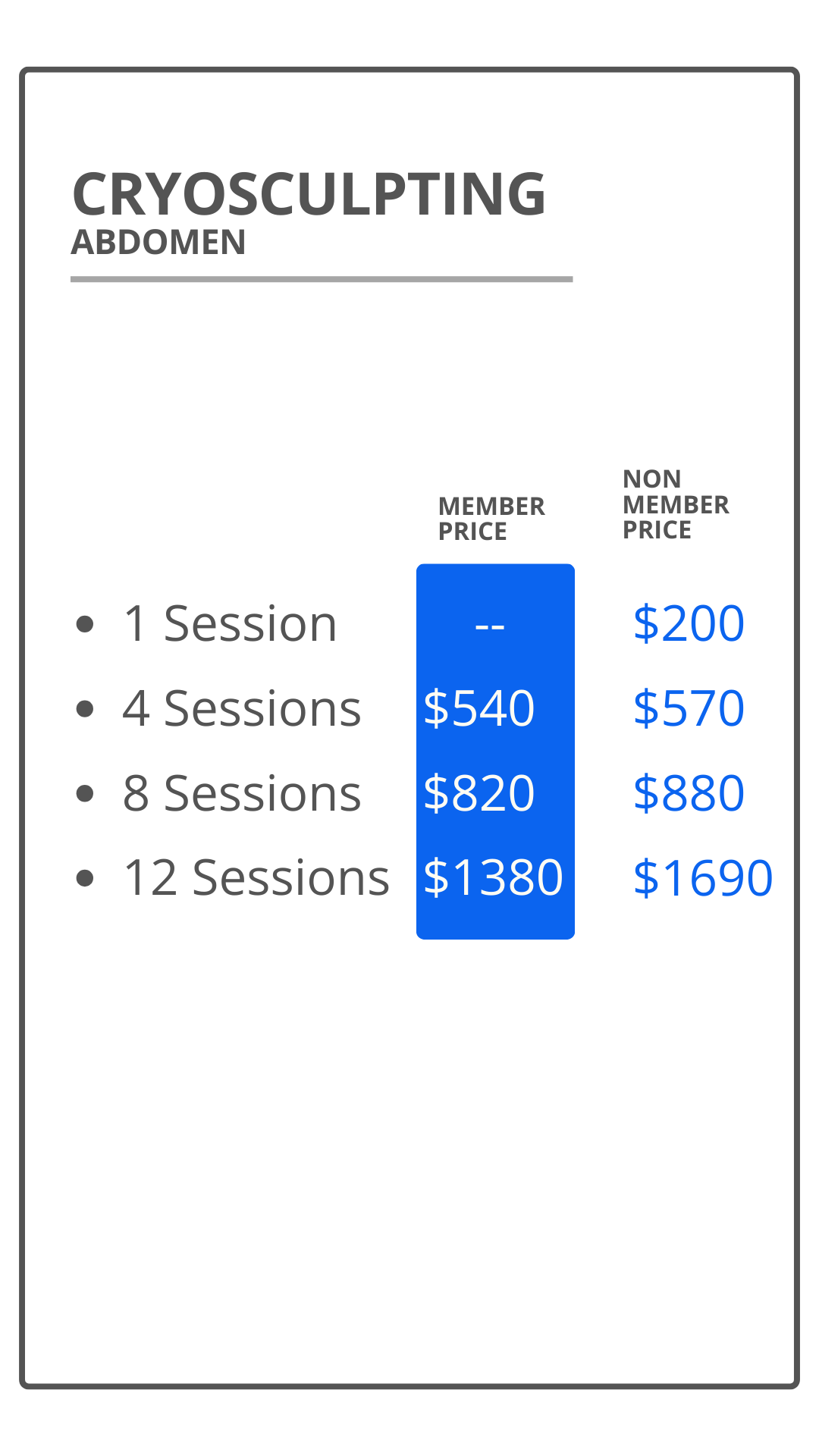 Price list for cryosculpting abdomen treatments offering single, 4, 8, and 12 sessions with member and non-member prices.