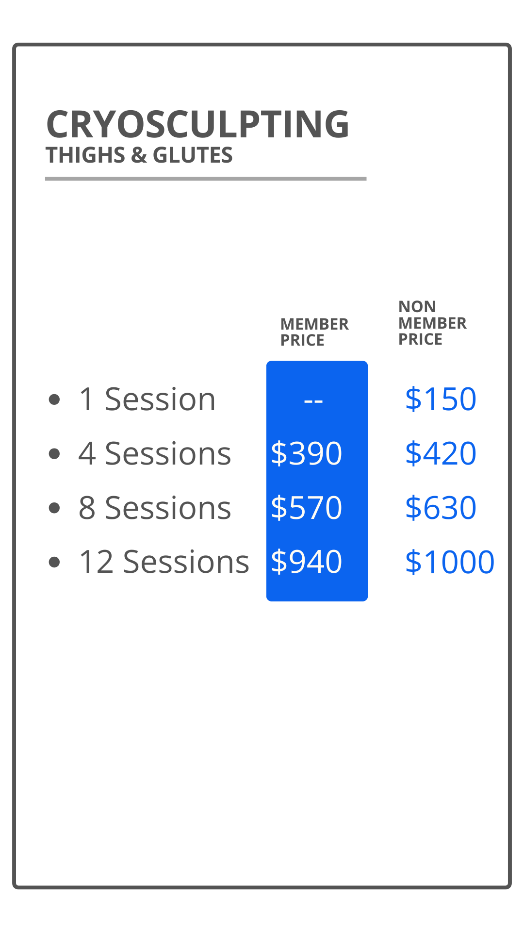 Price list for cryosculpting sessions for thighs and glutes, showing different prices for members and non-members, with options for one, four, eight, and twelve sessions.