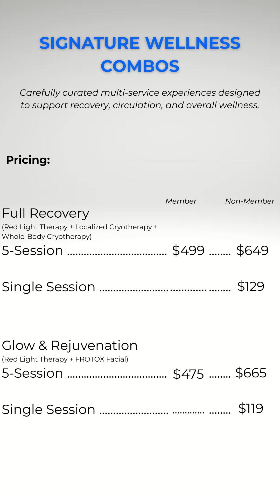 Pricing menu for wellness combos, including Full Recovery and Glow & Rejuvenation packages with prices for members and non-members.