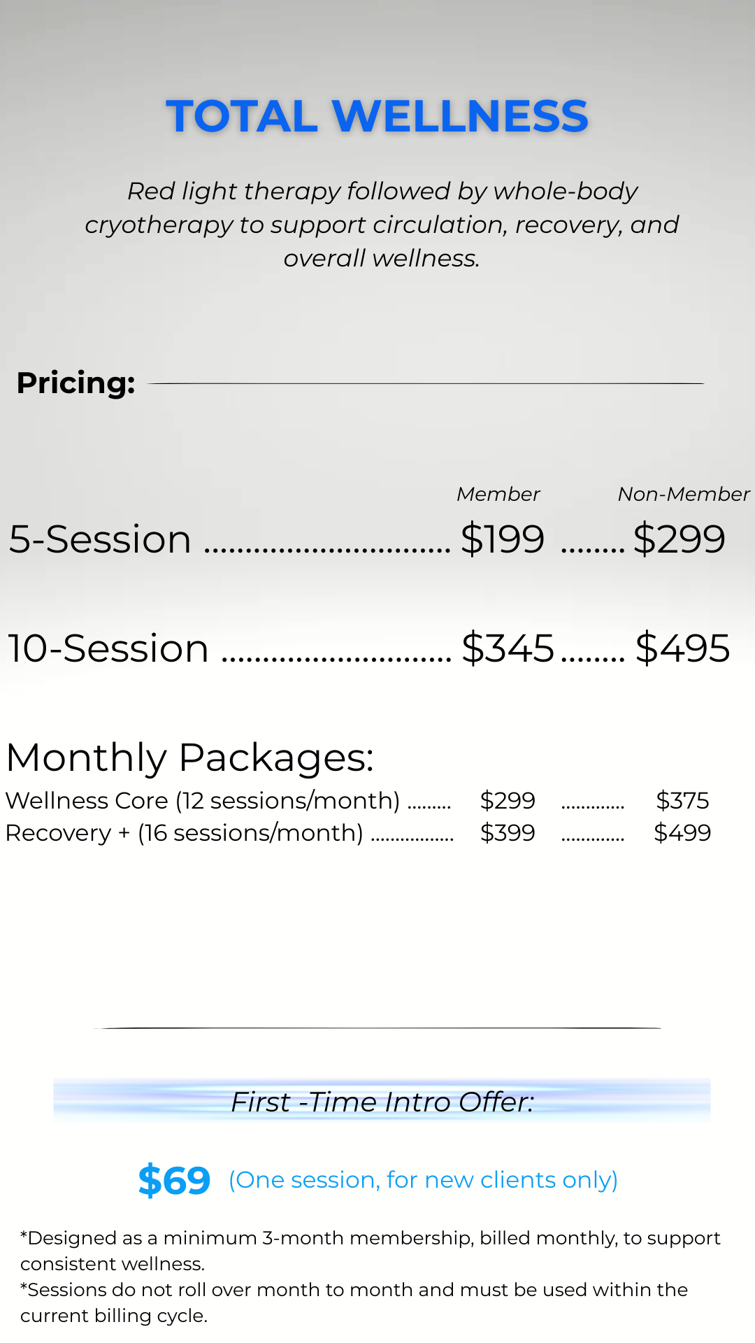 Pricing menu for total wellness services, including single and package sessions with discounted first-time offer, featuring information on therapy options like red light therapy and cryotherapy.