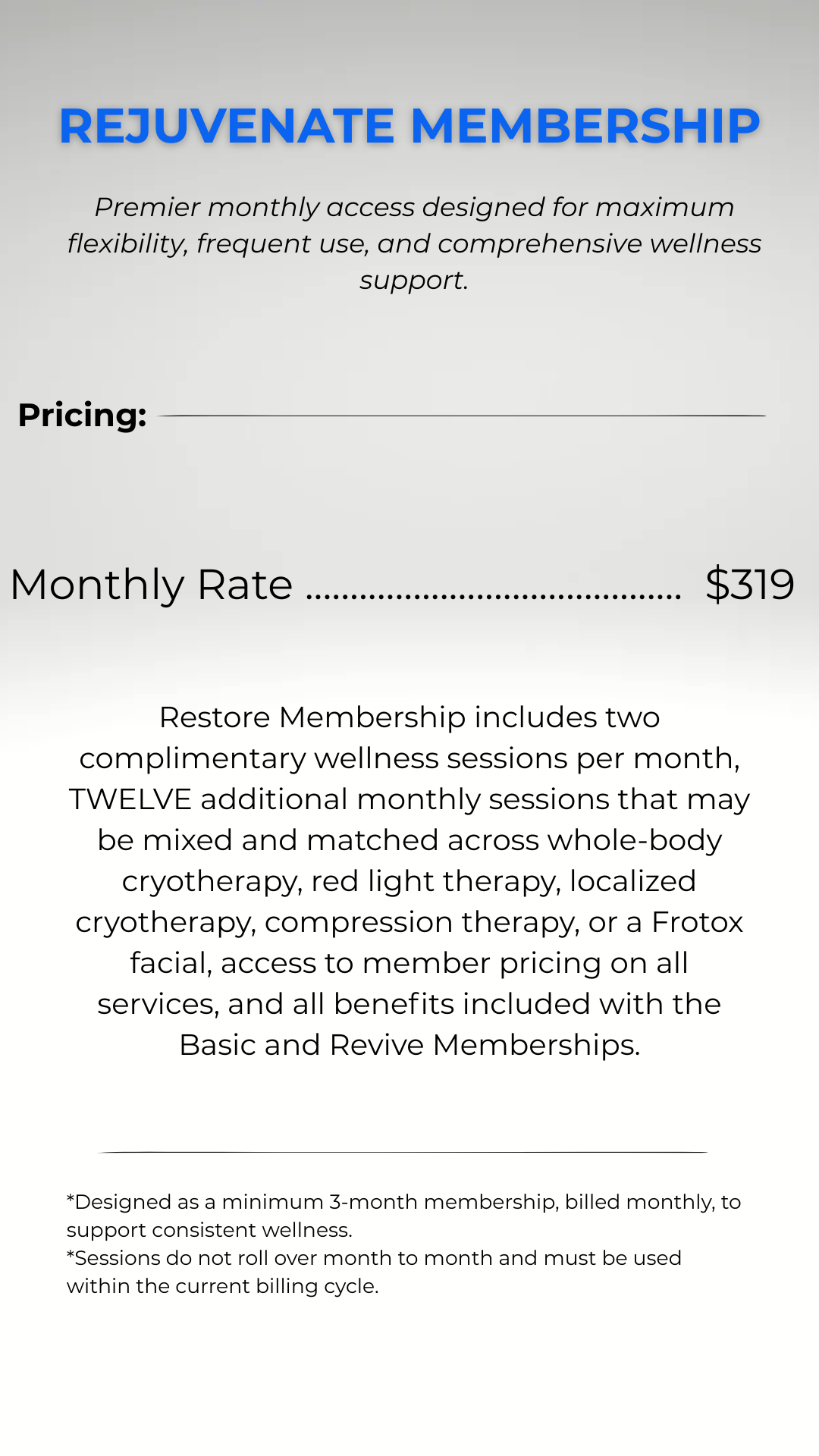 Information about Rejuvenate Membership with a monthly fee of $319, including details about wellness sessions, special pricing, and bonus points.