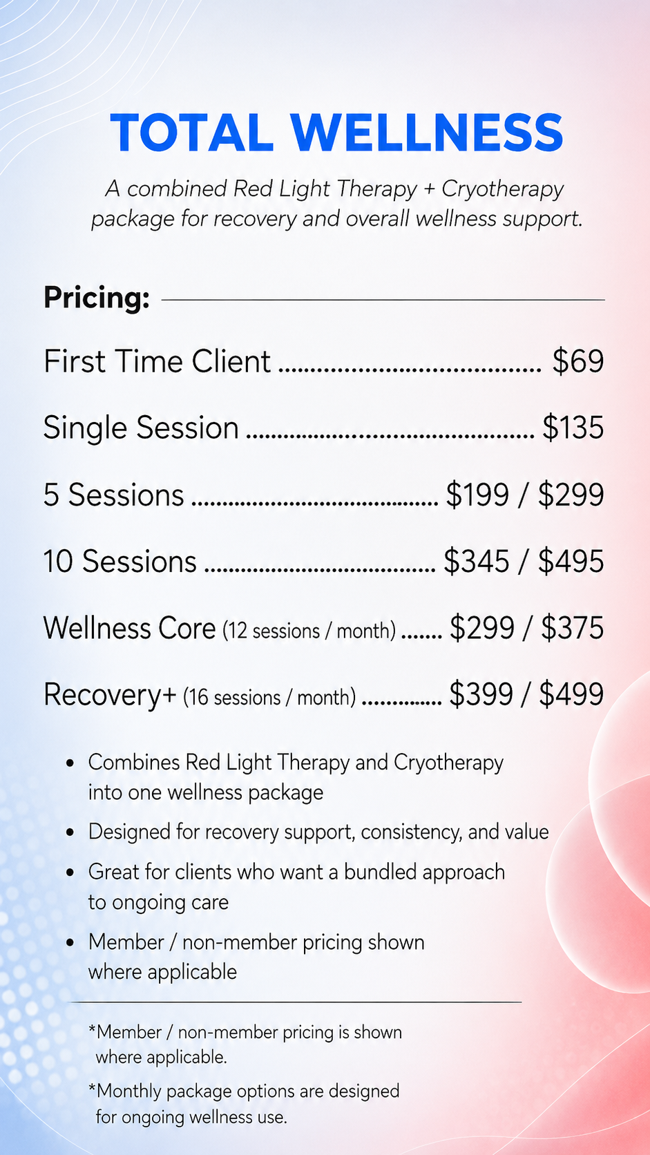 Pricing menu for total wellness services, including single and package sessions with discounted first-time offer, featuring information on therapy options like red light therapy and cryotherapy.