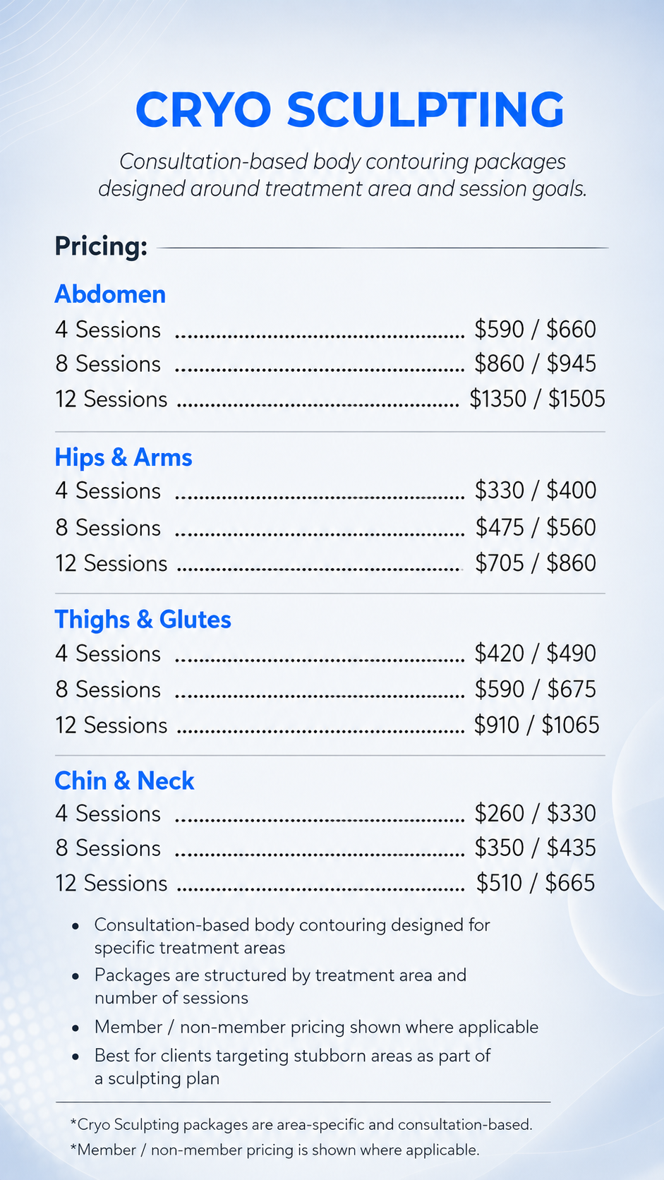 A menu offering targeted body contouring treatments for reducing stubborn abdominal fat, with pricing options for 4, 8, or 12 sessions for members and non-members.