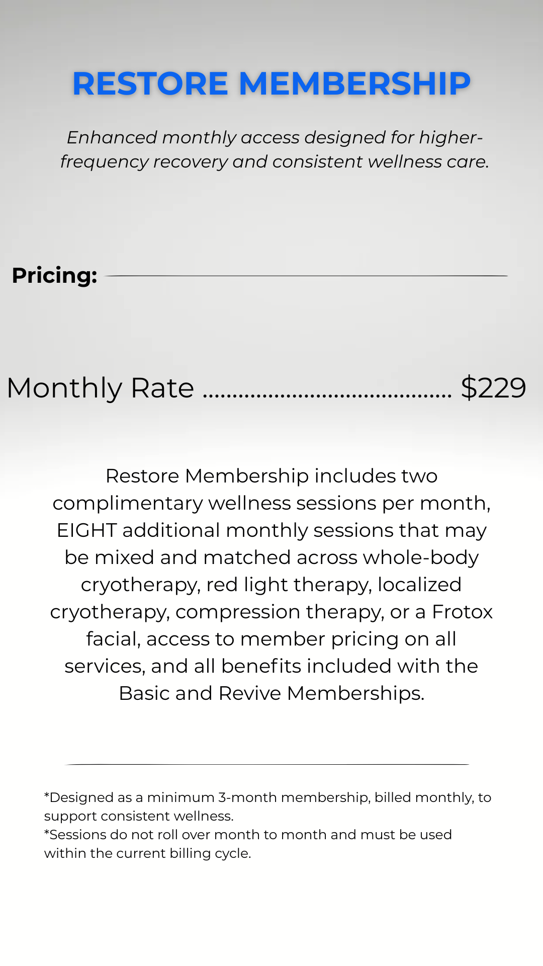 Information about restoring membership, including a $229 monthly fee, options for 5 sessions of Red Light Therapy, Whole-Body Cryo, or Localized Cryo at $99, free wellness services, bonus CoolPoints, and a 2-month commitment.