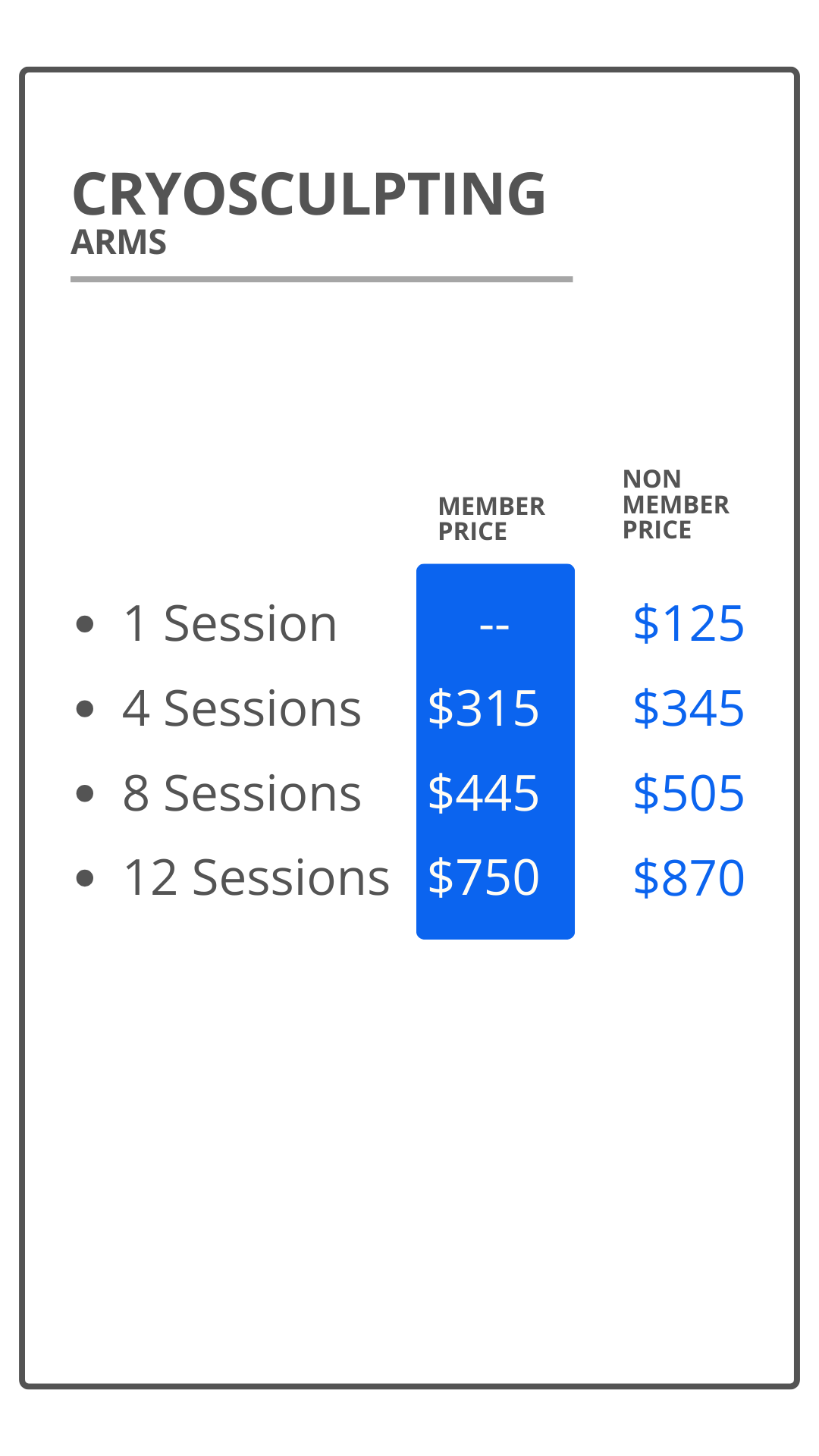 Pricing chart for cryosculpting arm sessions showing prices for members and non-members, with member prices ranging from $315 to $750 and non-member prices from $125 to $870.