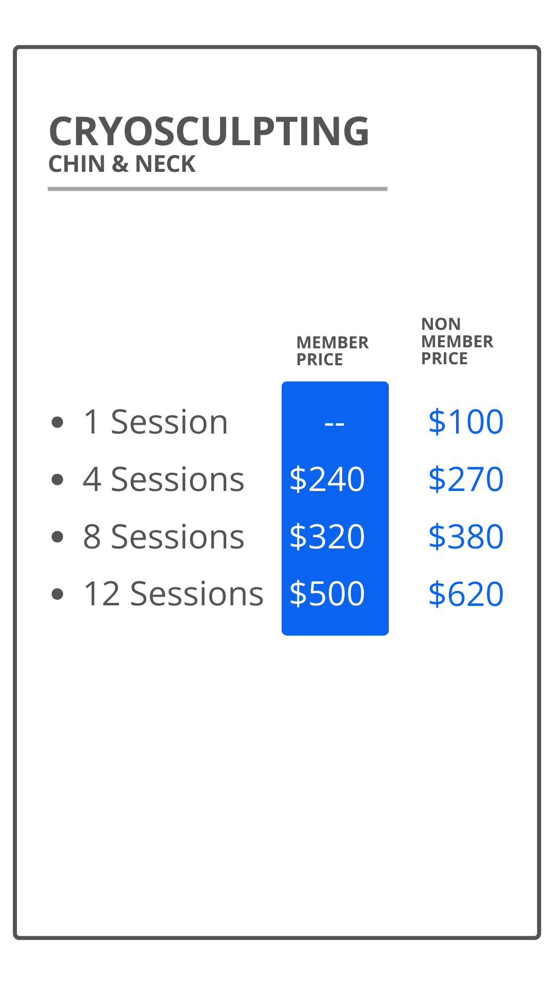 Pricing information for cryosculpting chin and neck sessions, showing prices for members and non-members for 1, 4, 8, and 12 sessions.
