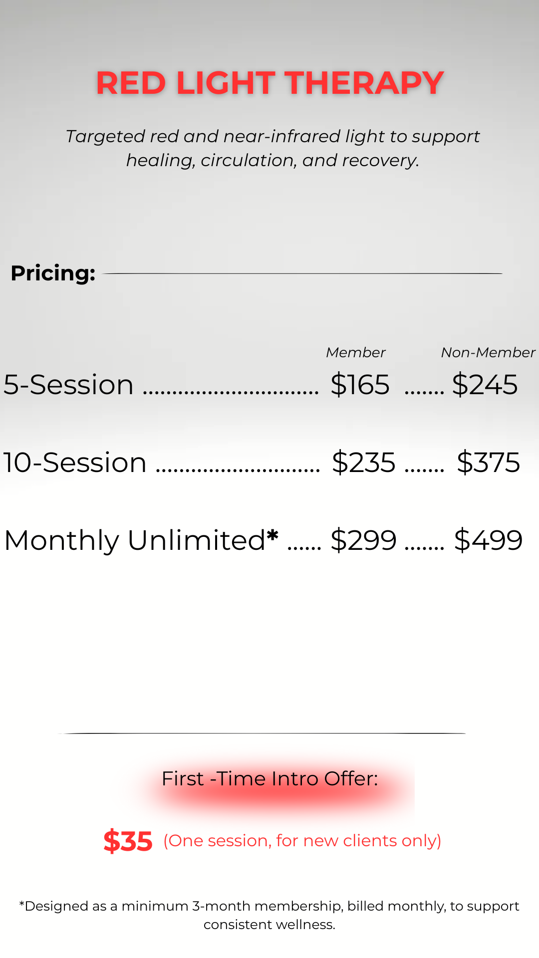 Price list for red light therapy sessions with options for 5-session, 10-session, and monthly unlimited plans, including a first-time client offer of $35 for one session.