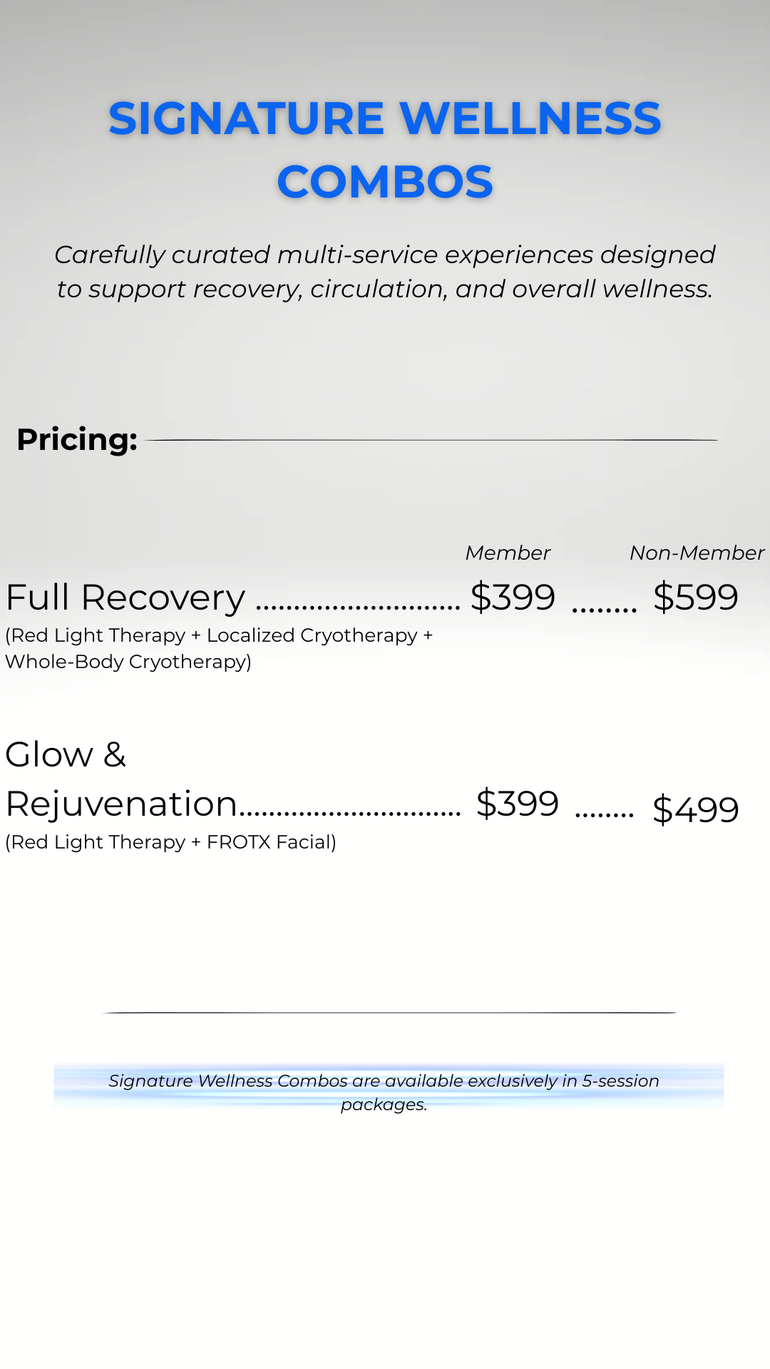 A flyer for Signature Wellness Combos listing prices for full recovery and glow & rejuvenation treatments, including therapy details, with an informational note at the bottom.