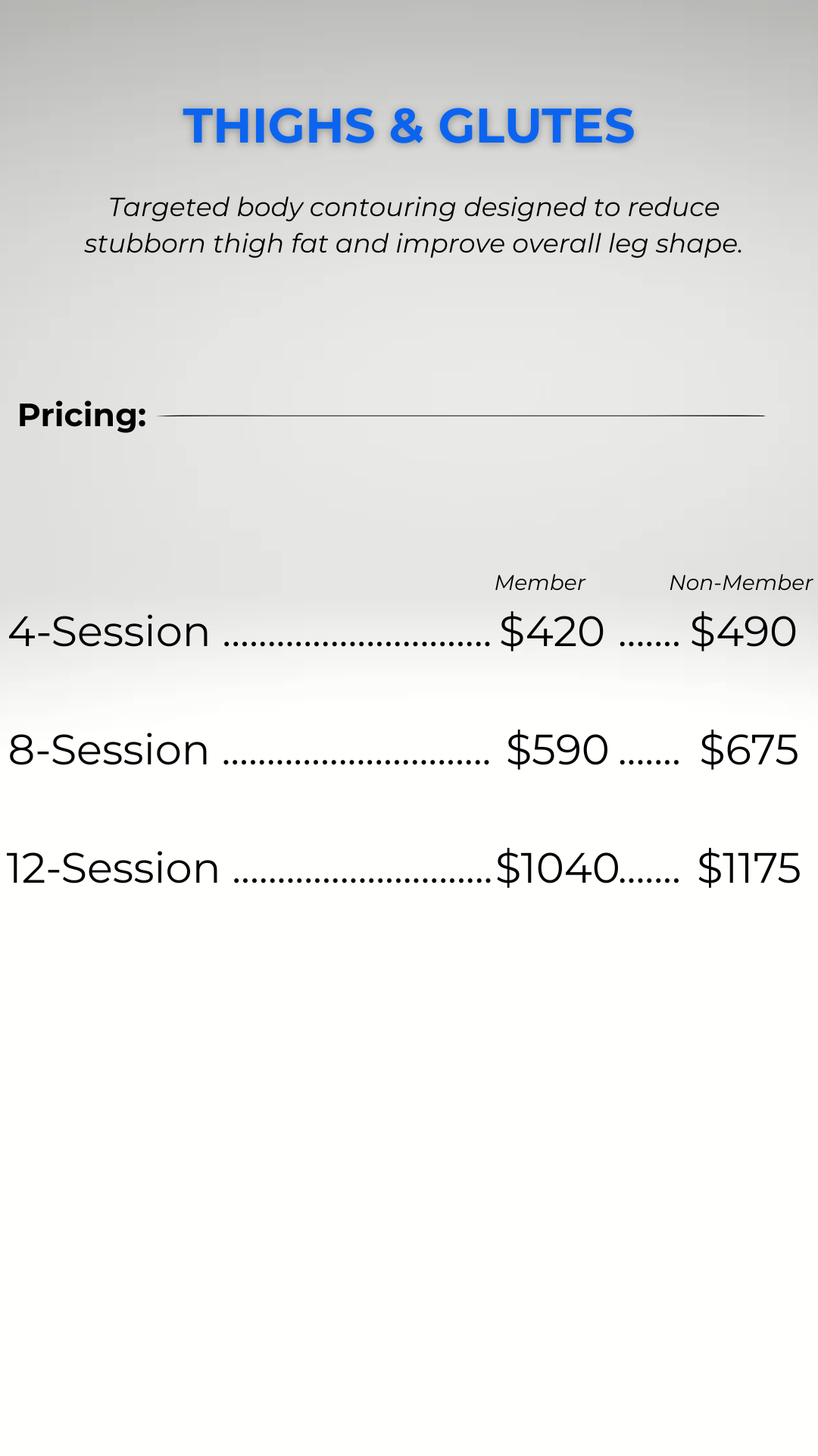 Pricing chart for Thighs & Glutes targeted body contouring sessions, showing prices for 4, 8, and 12 sessions, with different rates for members and non-members.