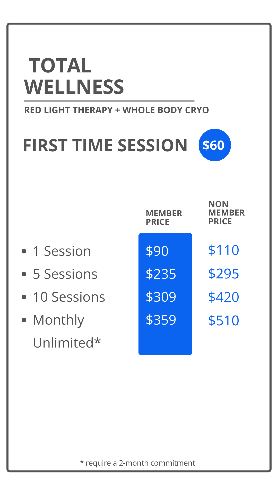Pricing options for Total Wellness Red Light Therapy and Whole Body Cryo, including first-time session for $60, with additional options for 1, 5, 10 sessions, and monthly unlimited plans, showing member and non-member prices.