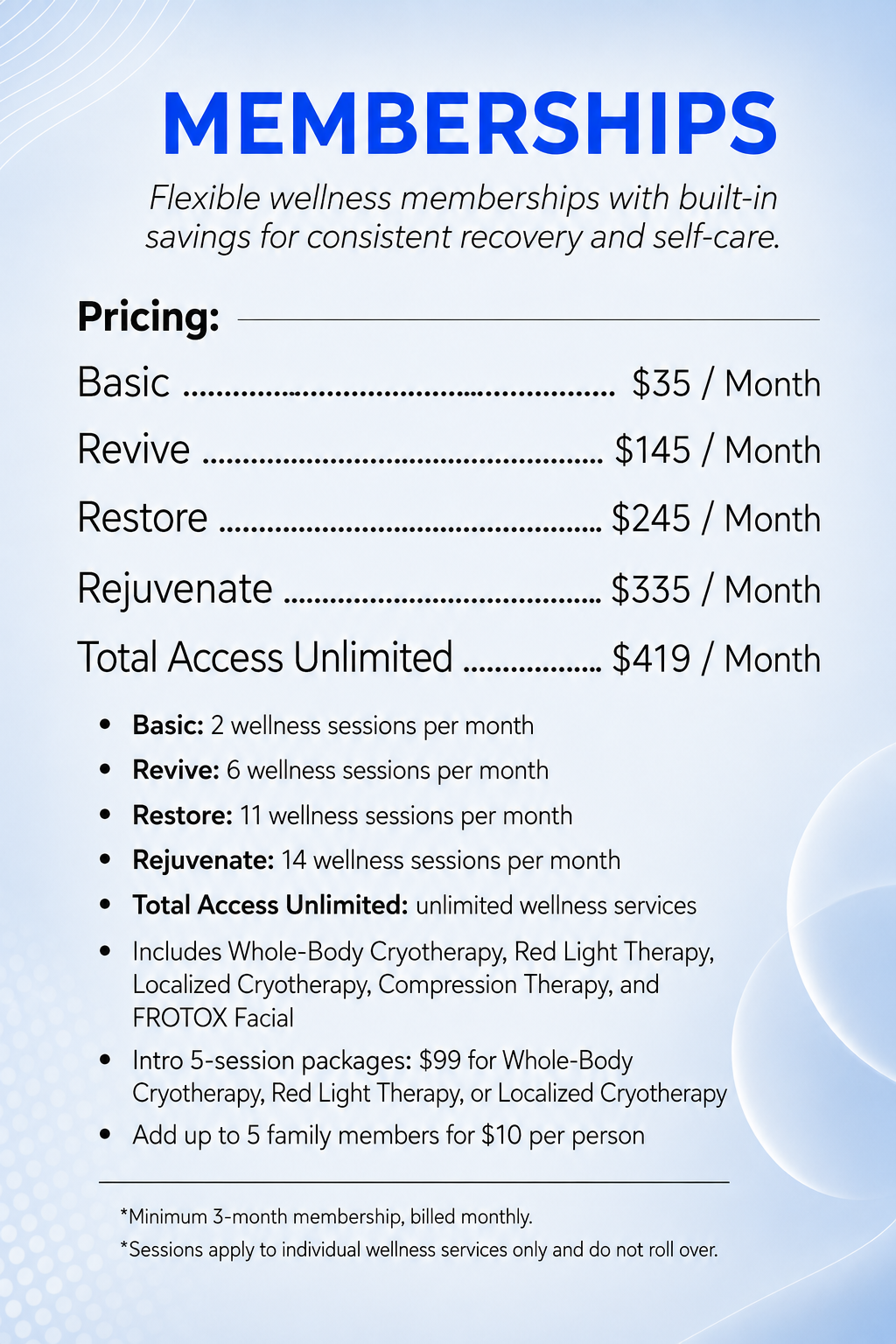 Advertisement for total access unlimited wellness membership. Monthly rate is $419 and includes various cryotherapy and facial services. Notes about membership conditions.