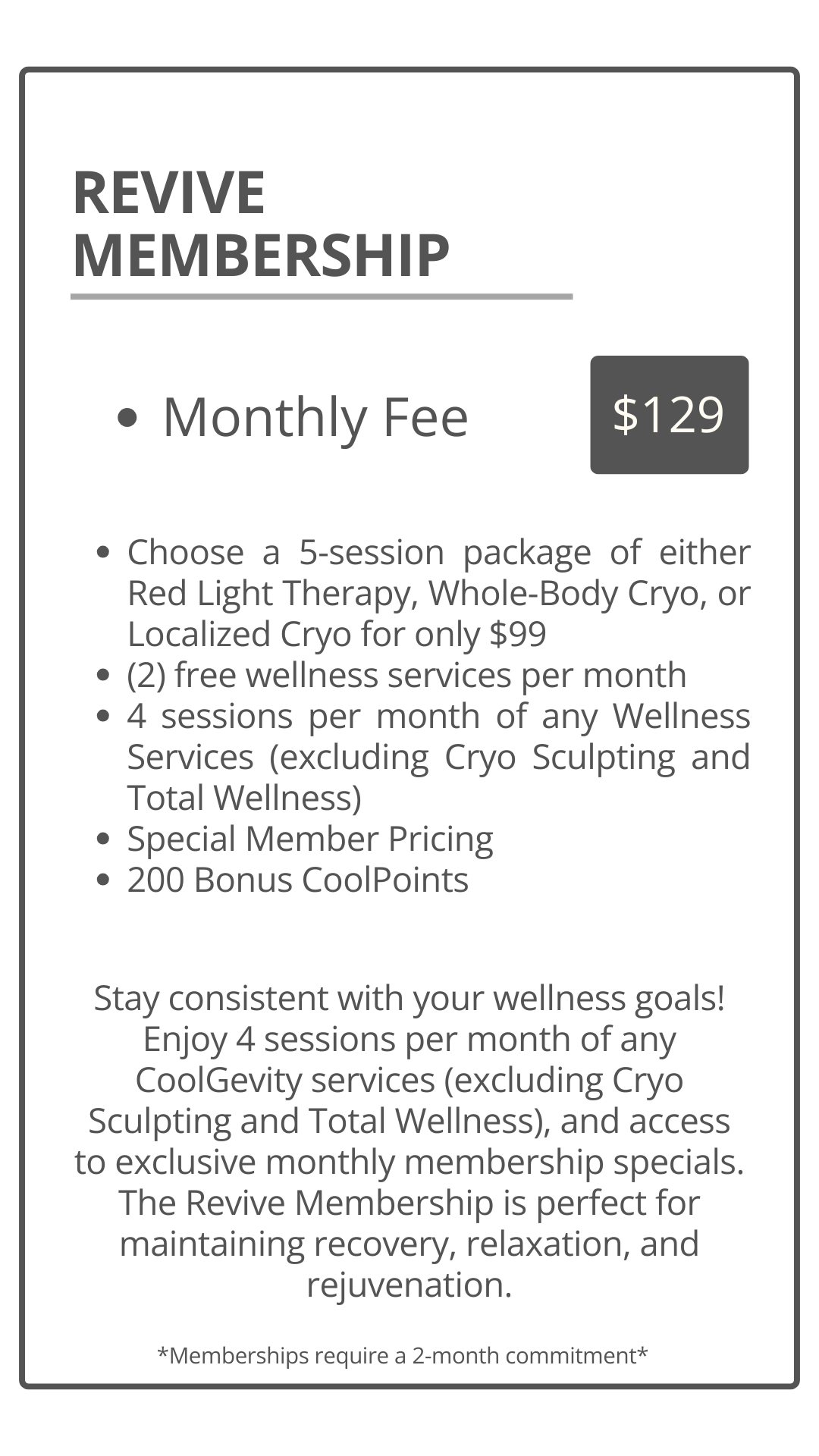Information about a wellness center's revive membership offer, including monthly fee of $129, options for therapy packages, free wellness services, bonus points, and benefits for maintaining wellness.