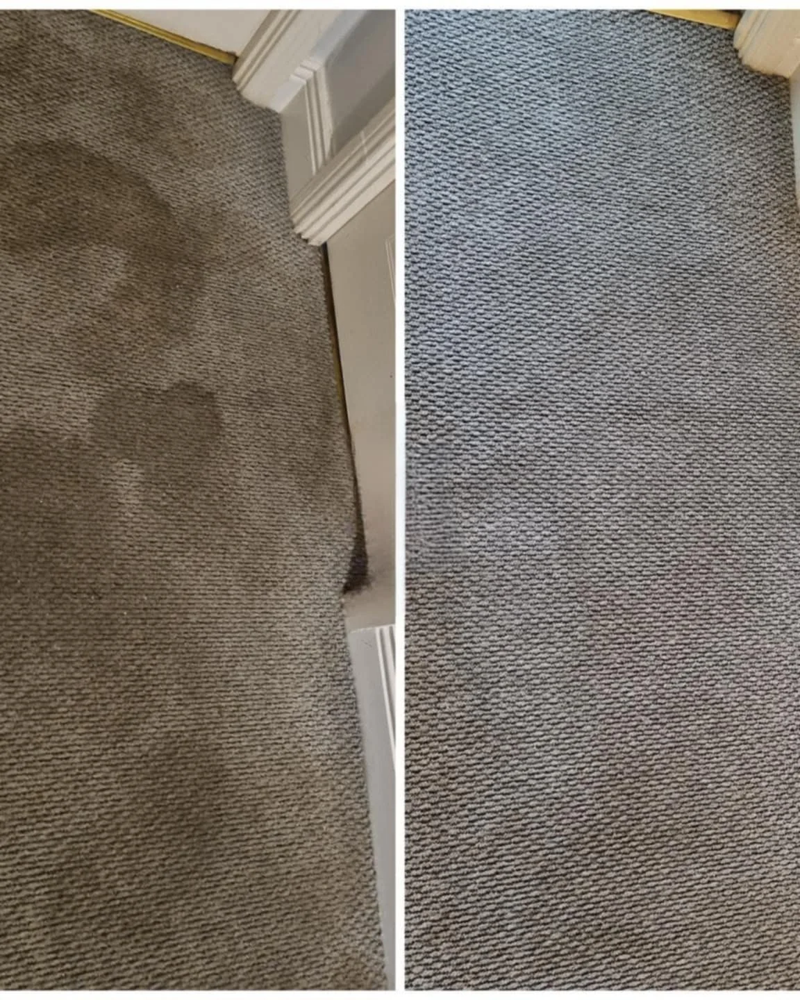 Comparison of a dirty, stained beige carpet on the left and a clean, stain-free gray carpet on the right.