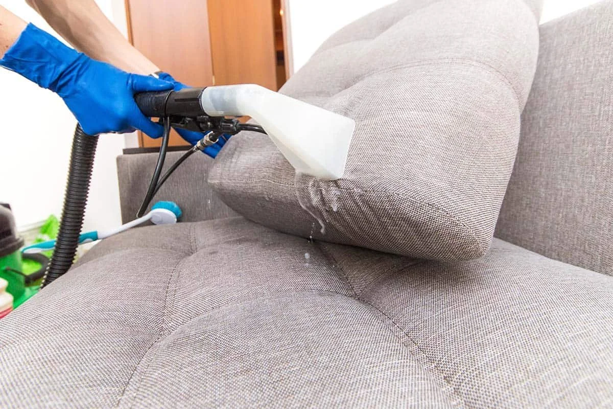 Person cleaning a light brown fabric couch with a steam cleaner, wearing a blue glove.