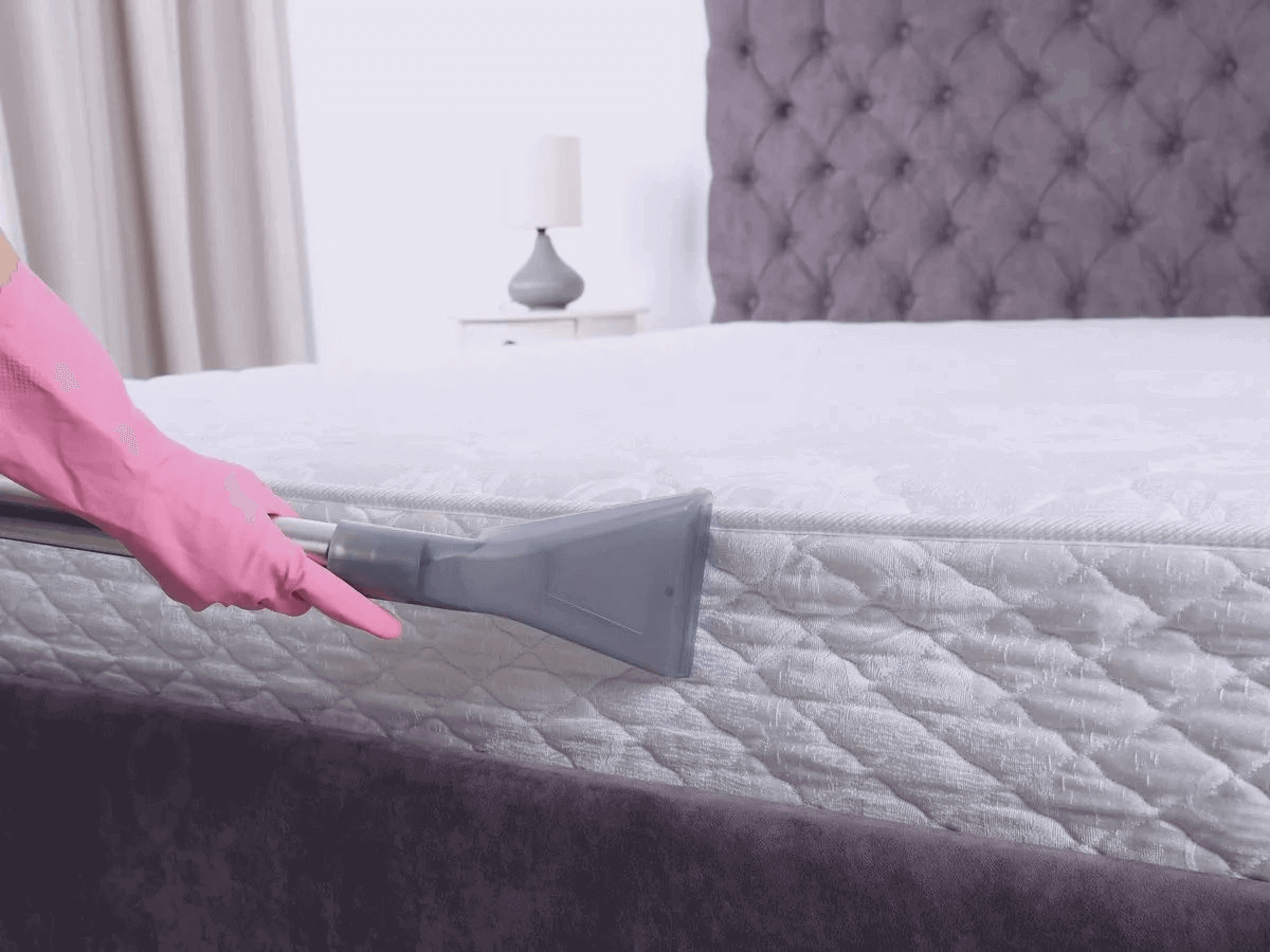 Person wearing pink gloves vacuuming a white mattress in a bedroom with a tufted headboard, nightstand, and lamp.