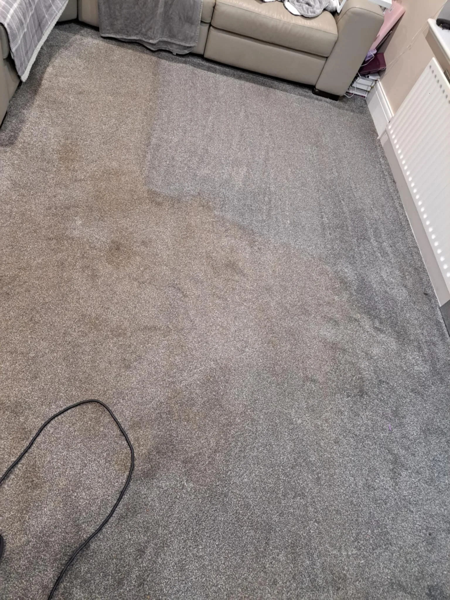 A room with beige carpet and beige furniture, including a sofa and a bed. There is a black electrical cord on the carpet and a white radiator on the wall.