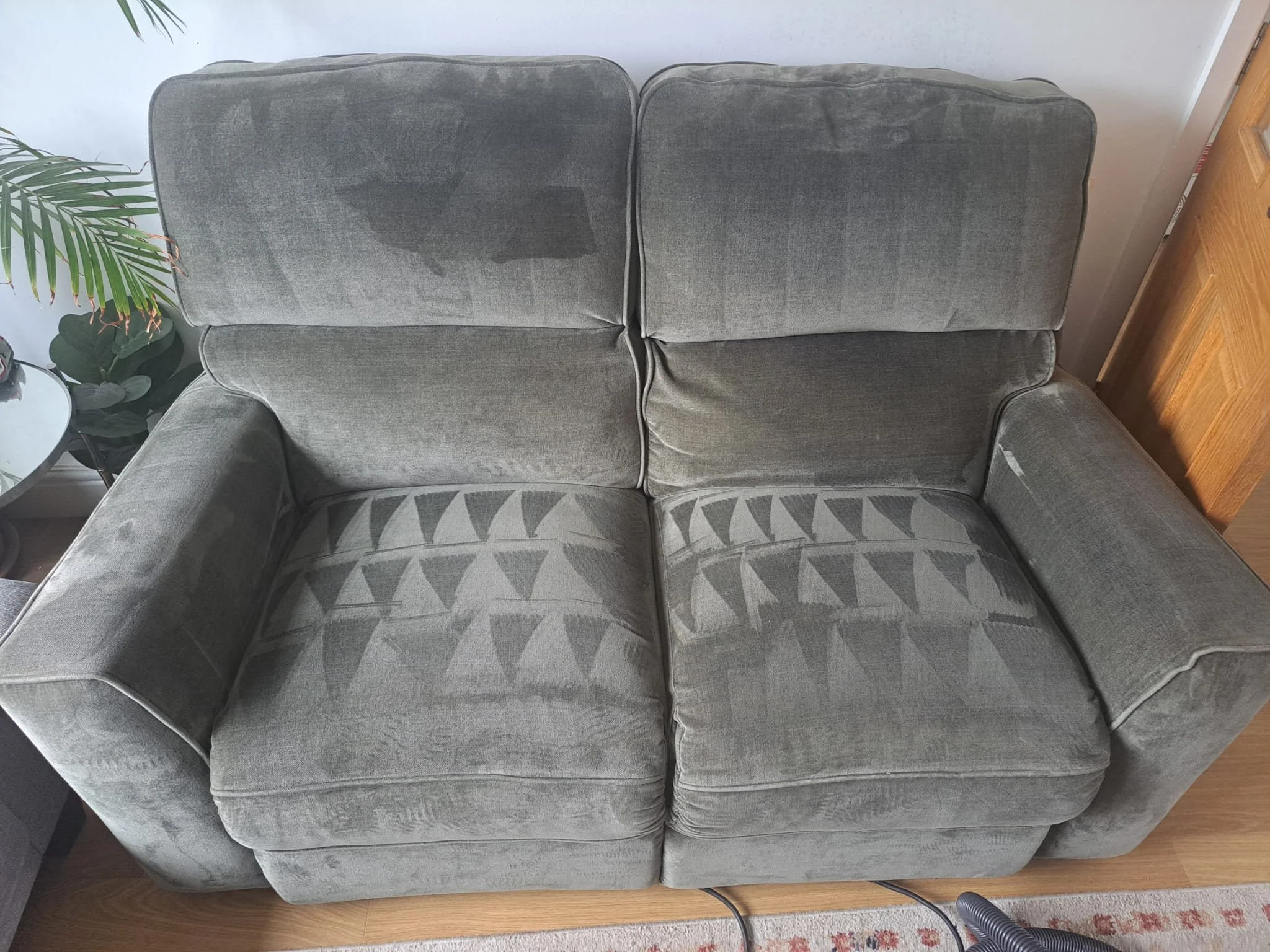 Gray fabric sofa with two cushions, adjacent to a side table with a potted plant, wood flooring, and part of a wooden cabinet visible on the right.