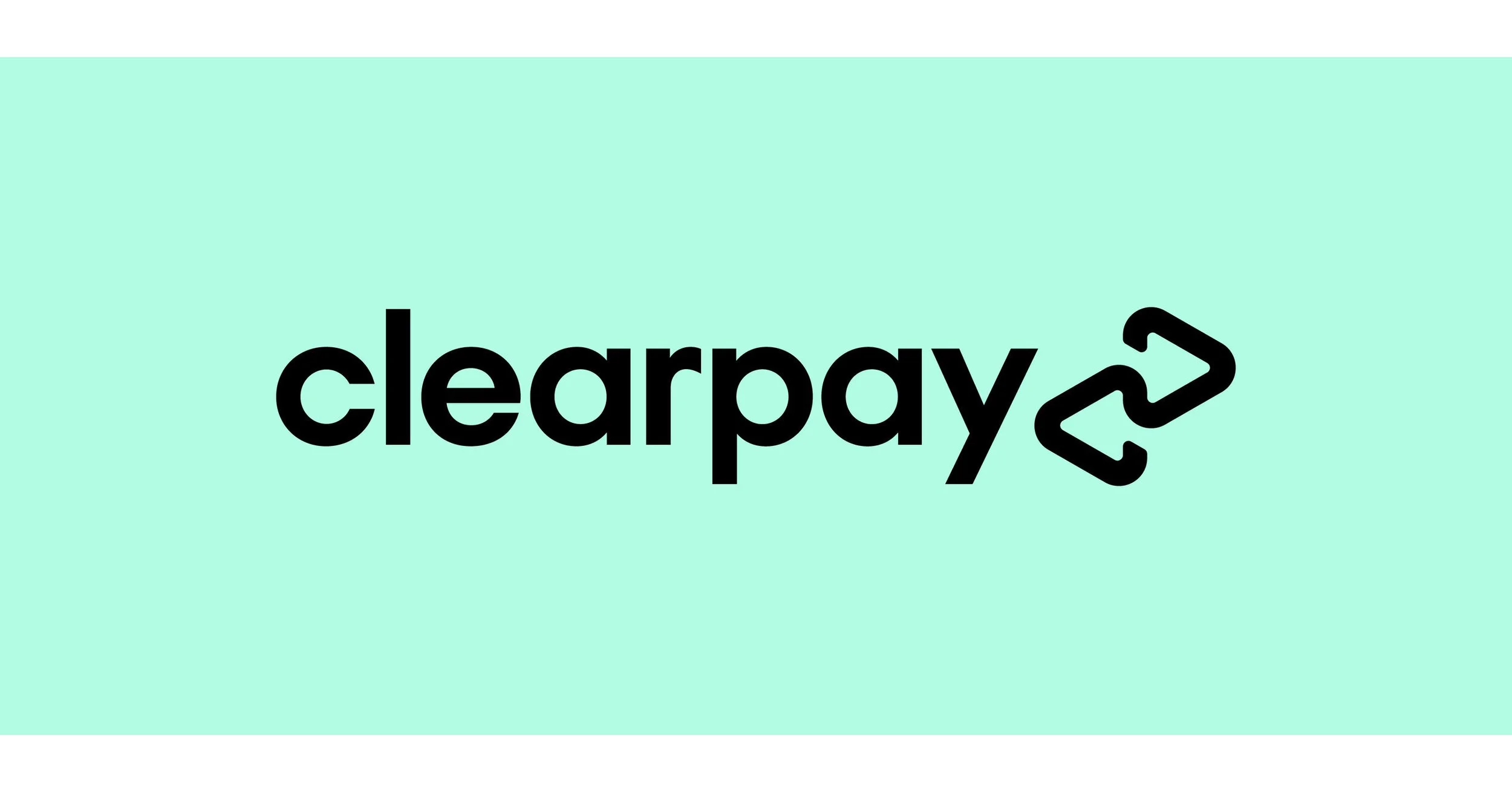 Clearpay logo with black text on a light green background, featuring two arrow symbols pointing in opposite directions.