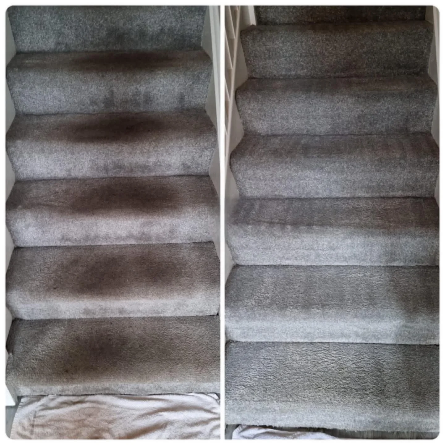 Comparison of the same carpeted staircase before and after cleaning, showing visibly cleaner steps on the right.