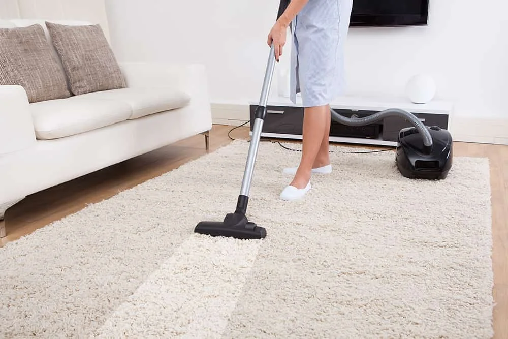 Person vacuuming cream-colored shag rug in living room.