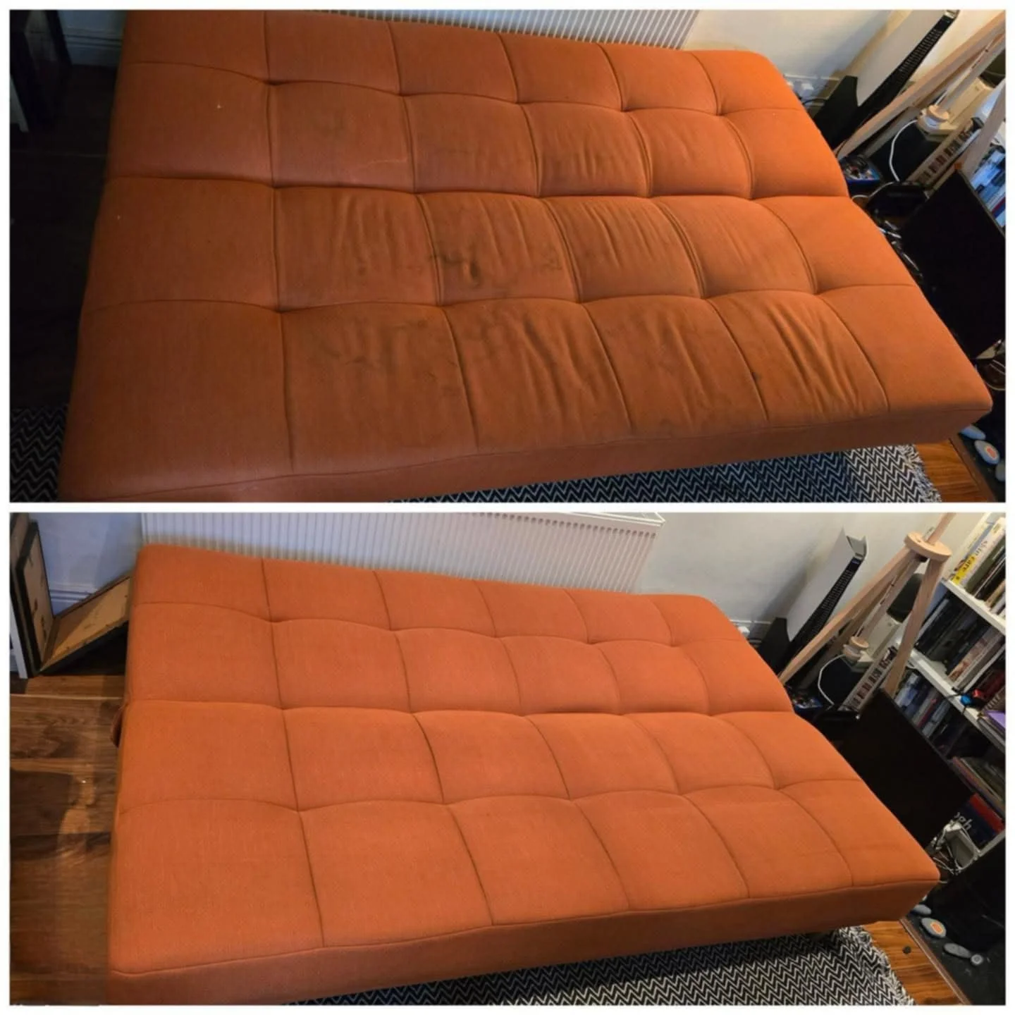 A side-by-side comparison of an orange couch before and after cleaning, showing the elimination of stains and wrinkles.