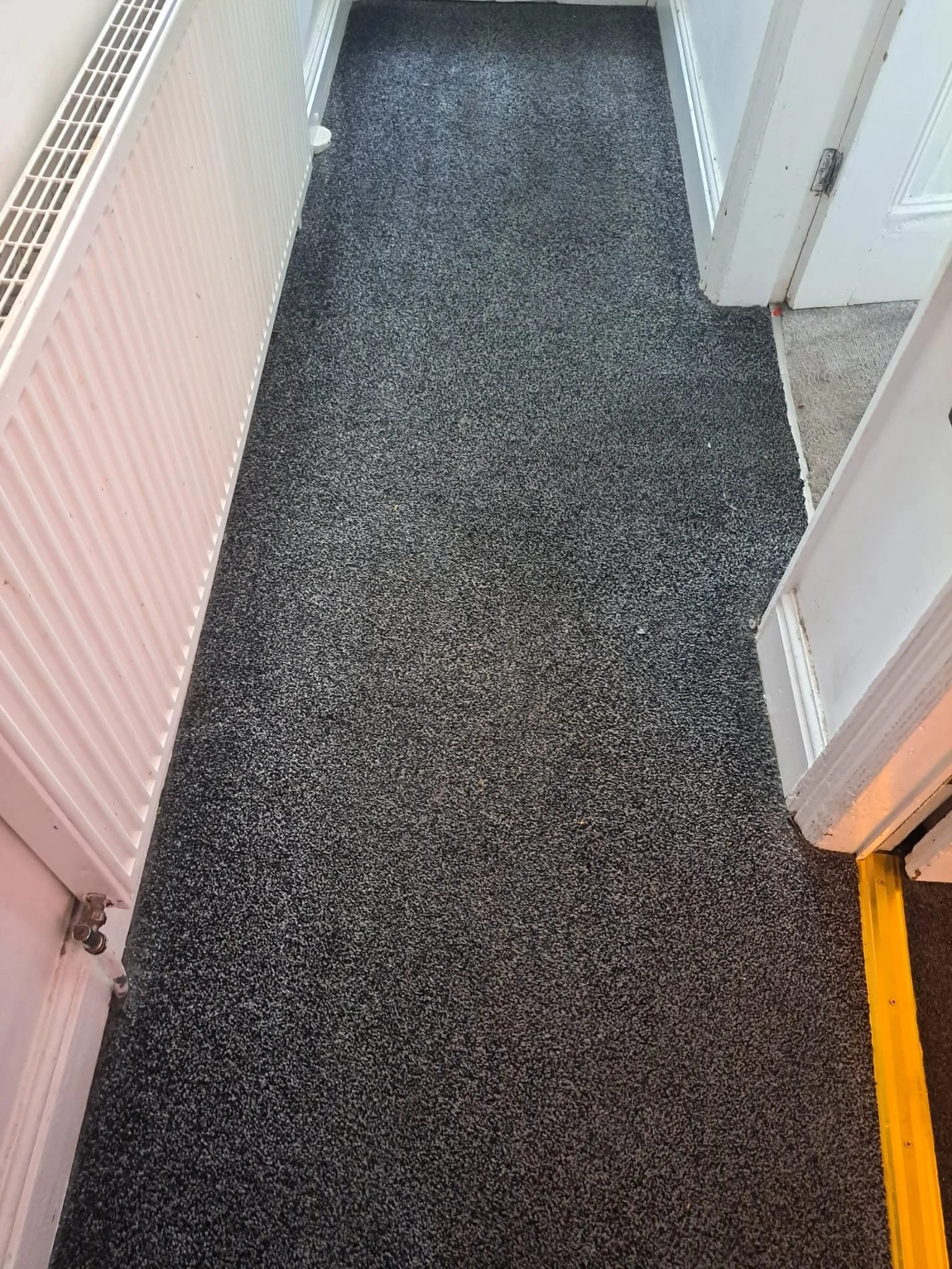 A hallway with black speckled carpet, a white radiator on the left, and a partially open door on the right. A yellow level tool is on the floor near the door.