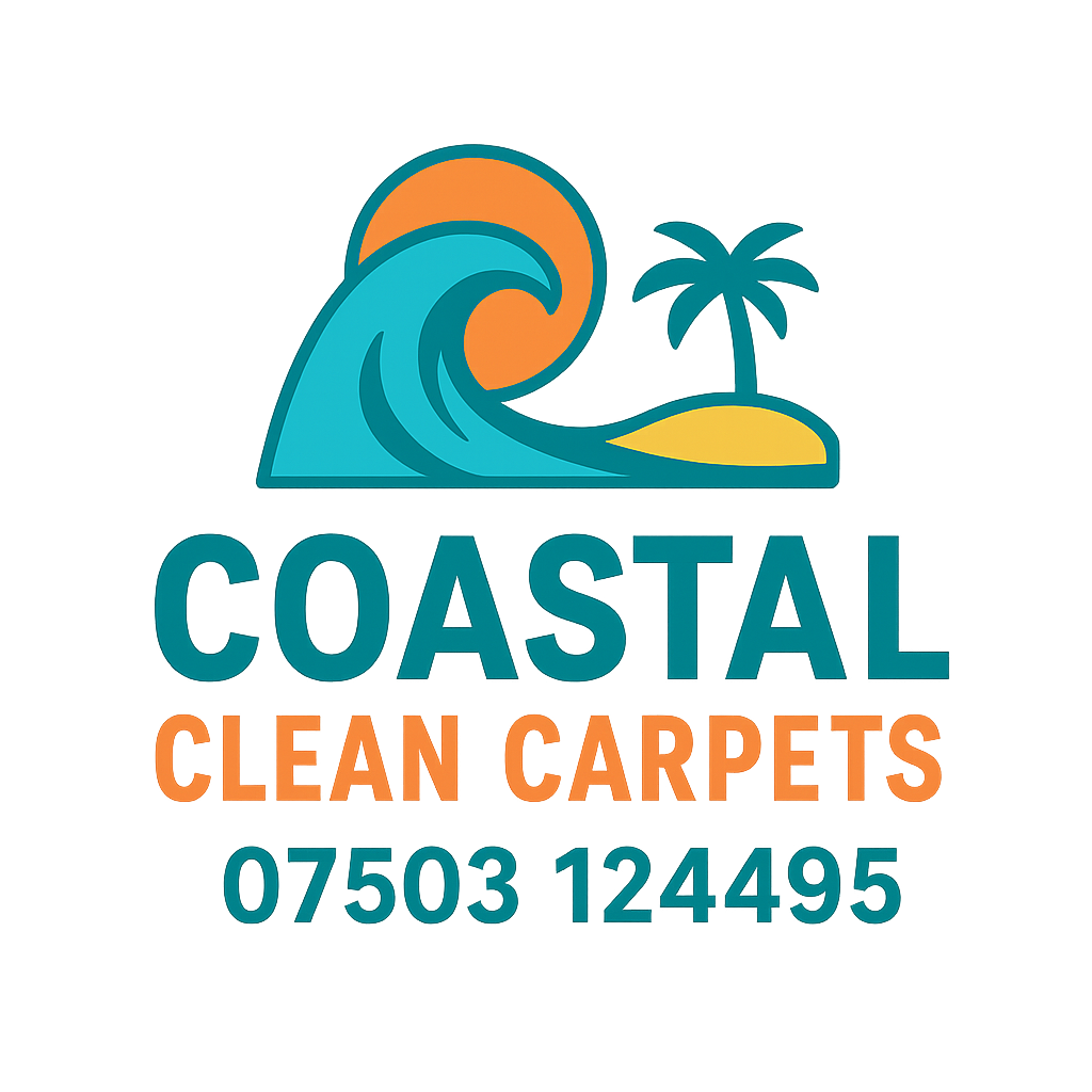 Logo for Coastal Clean Carpets with a wave, palm tree, and sun illustration, and contact phone number 07503124495.