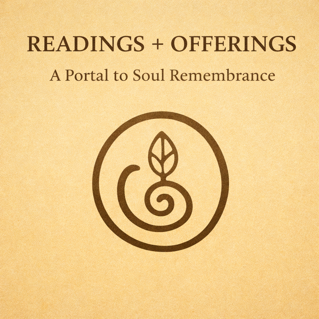 Book cover titled 'Readings + Offerings: A Portal to Soul Remembrance' featuring a simple line drawing of a spiral with a leaf on top, in brown on a beige background.