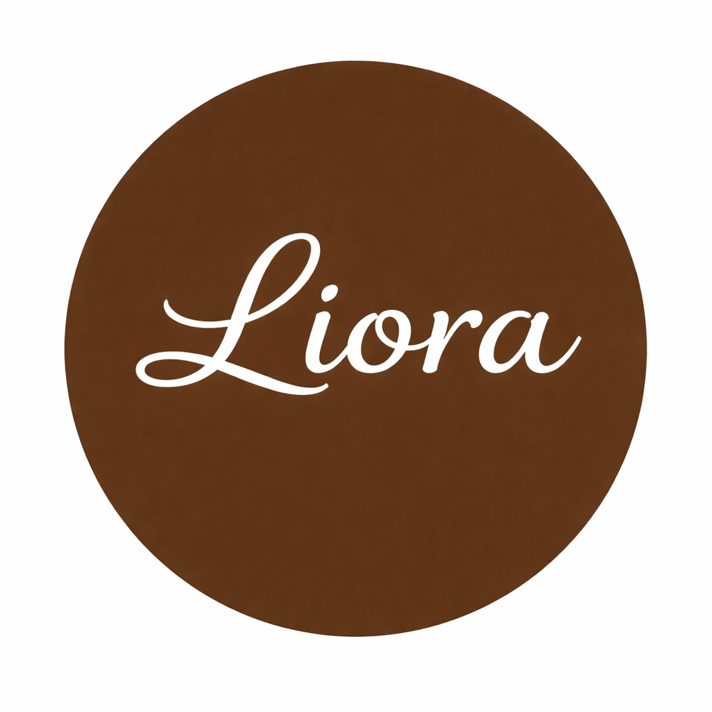 Brown circular background with the name 'Liora' written in white cursive font in the center.