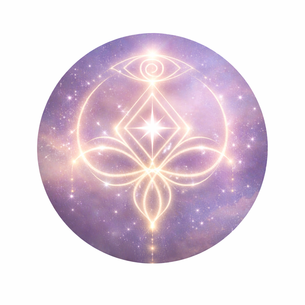 A mystical geometric design glowing with white light, set against a purple galaxy background with stars.