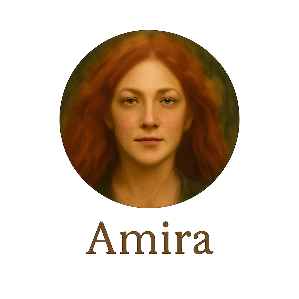 A woman with long, wavy red hair and light skin. The image appears to be a logo with her face inside a circle and the name "Amira" below it.