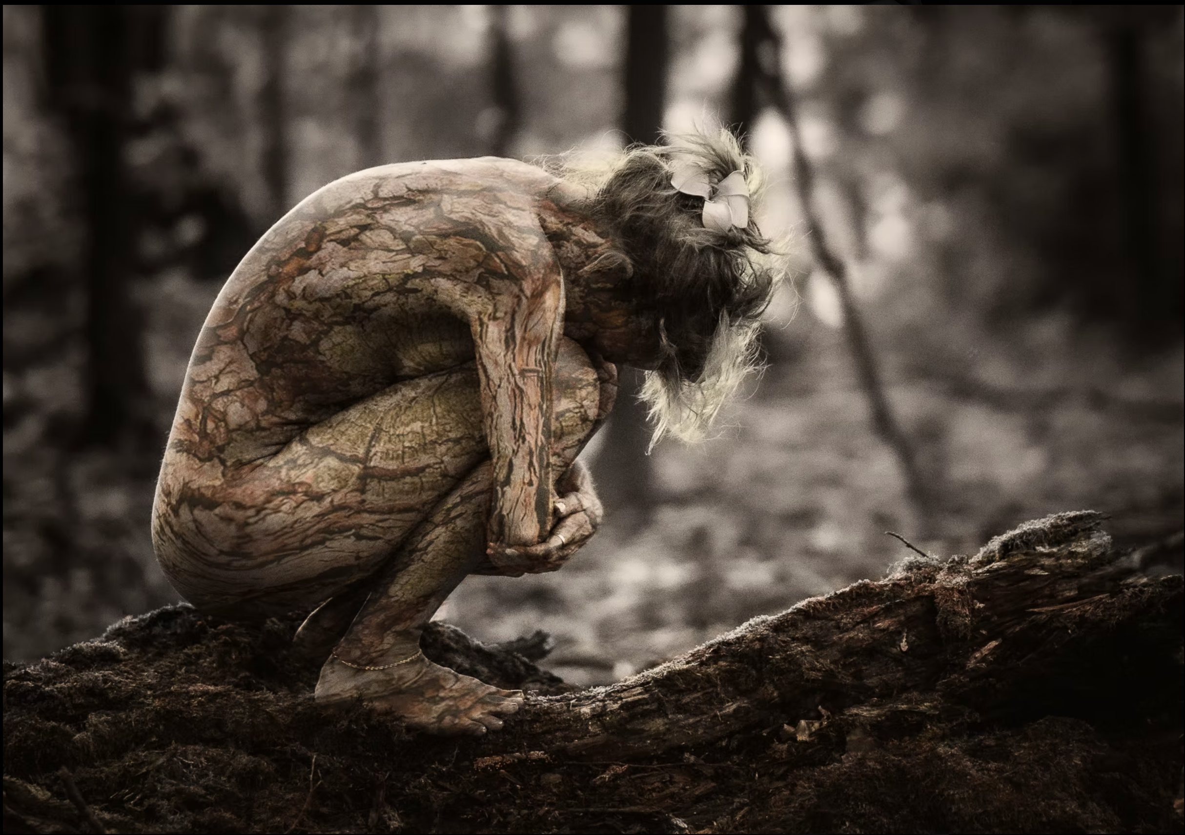 Eine Frau ist in einer Hockstellung auf einem Baumstamm im Wald, ihr Körper ist transparent und zeigt die Strukturen eines Holzstücks, wodurch sie wie aus Holz gefertigt wirkt.