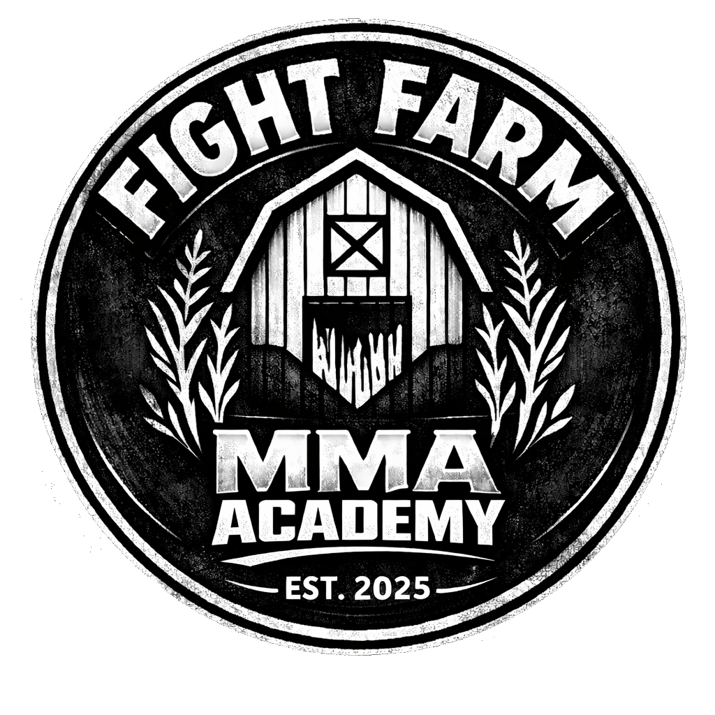 Circular logo for Fight Farm MMA Academy with a barn and barn door graphic, surrounded by laurel branches, with text "FIGHT FARM MMA ACADEMY EST. 2025."