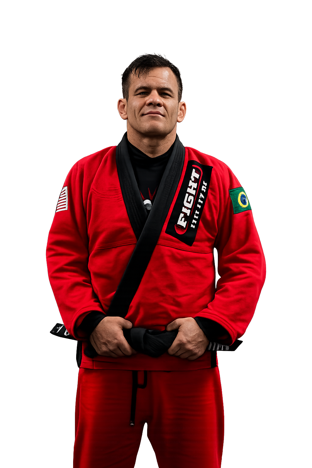 A man in a red Brazilian Jiu-Jitsu gi with a black belt, standing confidently with a shield patch on his left shoulder and a 'FIGHT' patch on his right. The background is dark with colorful lights.