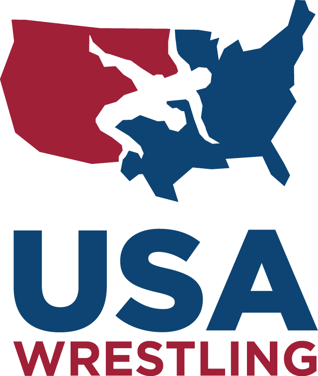 Logo of USA Wrestling with a stylized map of the United States and a wrestler silhouette in black.