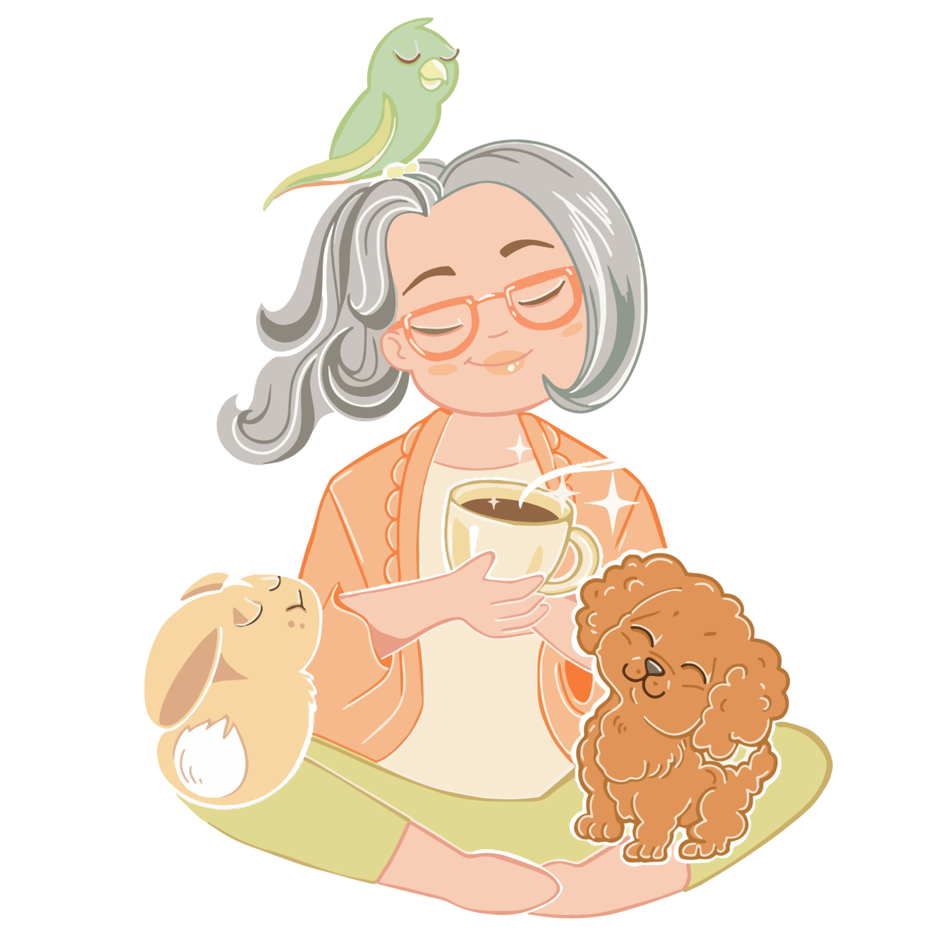 Une femme à cheveux gris, portant des lunettes orange, tient une tasse de café chaud, entourée de deux chiens et un oiseau perché sur sa tête, tous semblant être heureux et détendus.