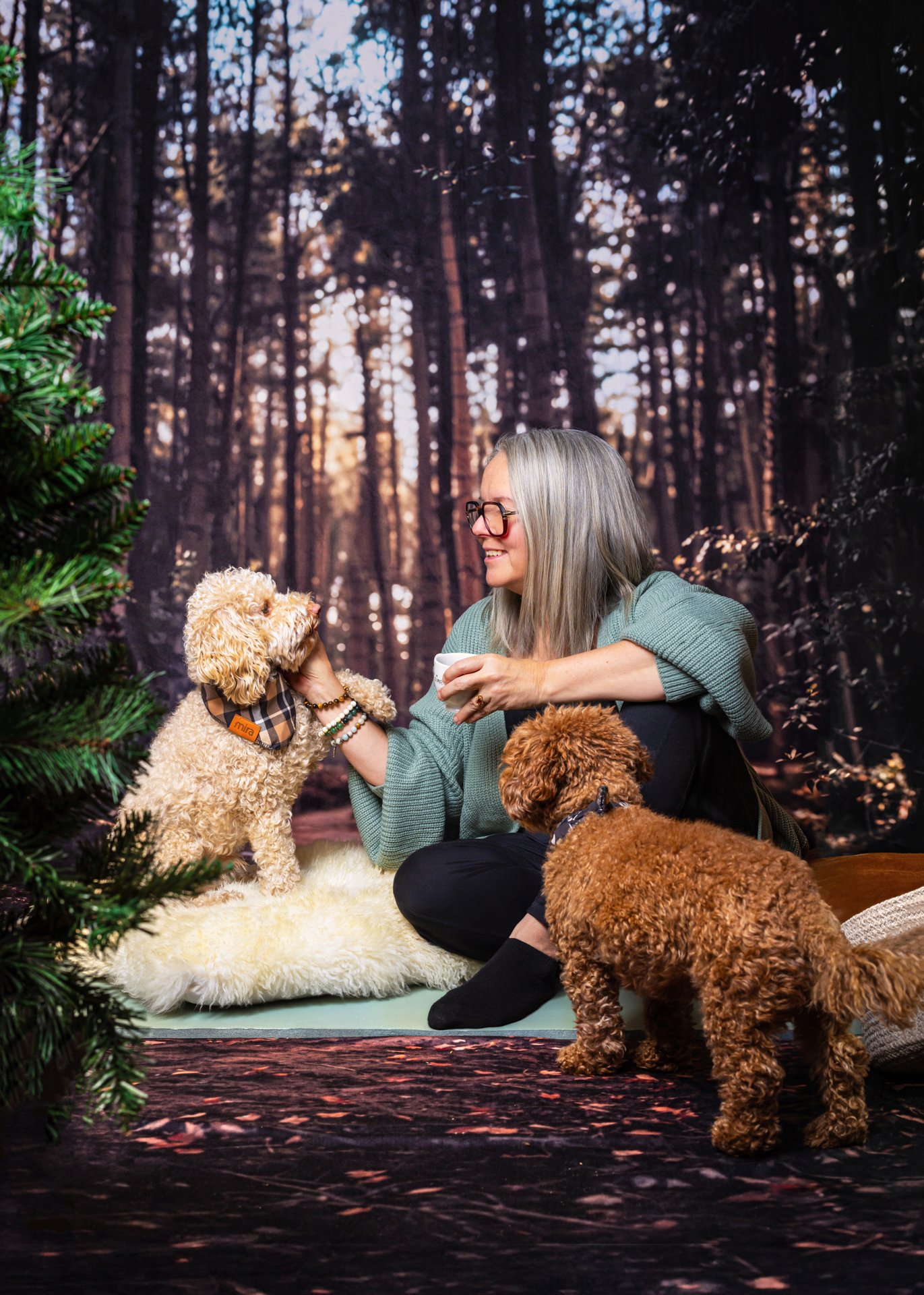 Une femme avec deux chiens dans un décor de forêt pendant le coucher de soleil.